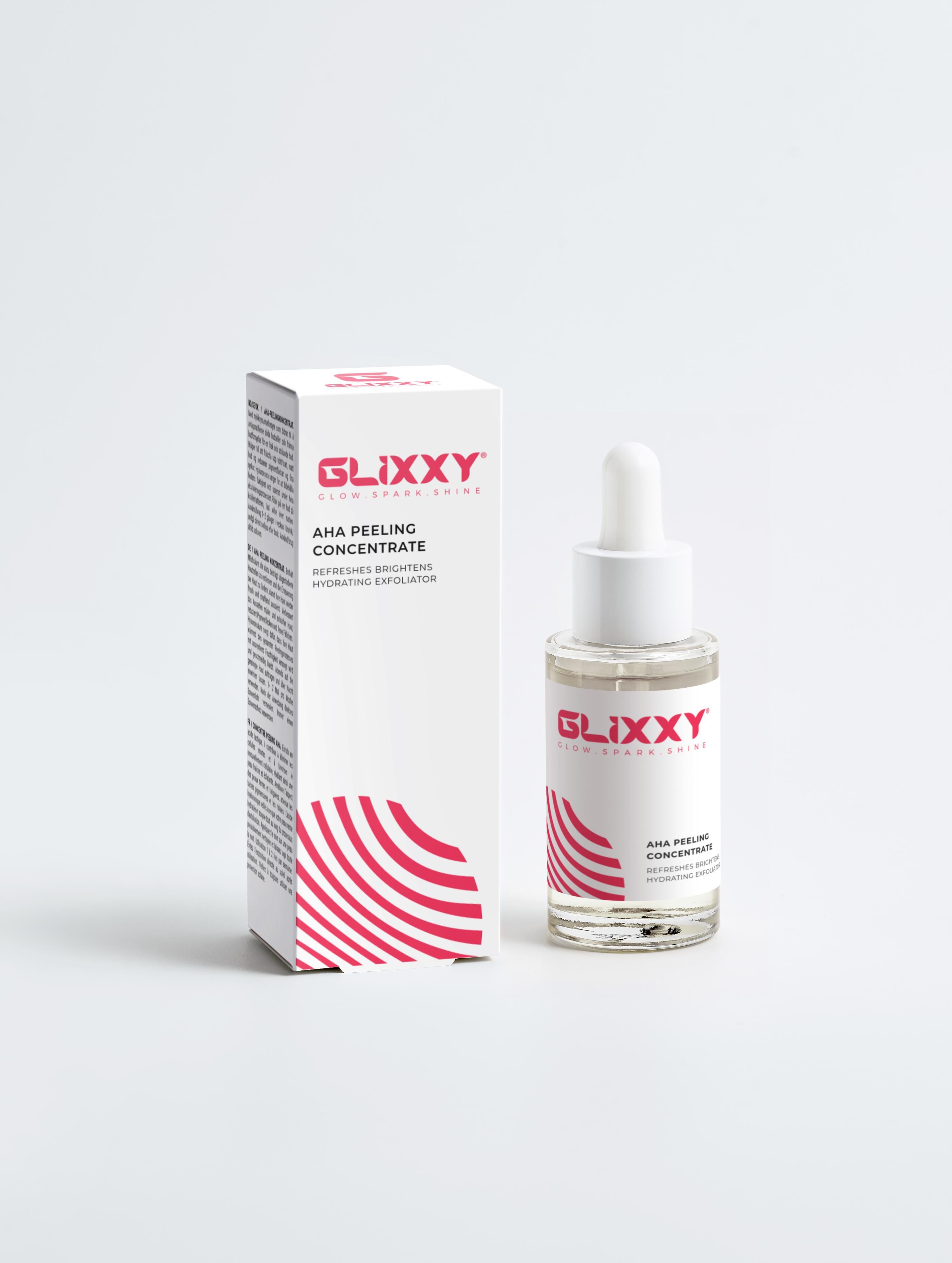 Glixxy skincare aha peeling concentrate with bottle and packaging on a white background
