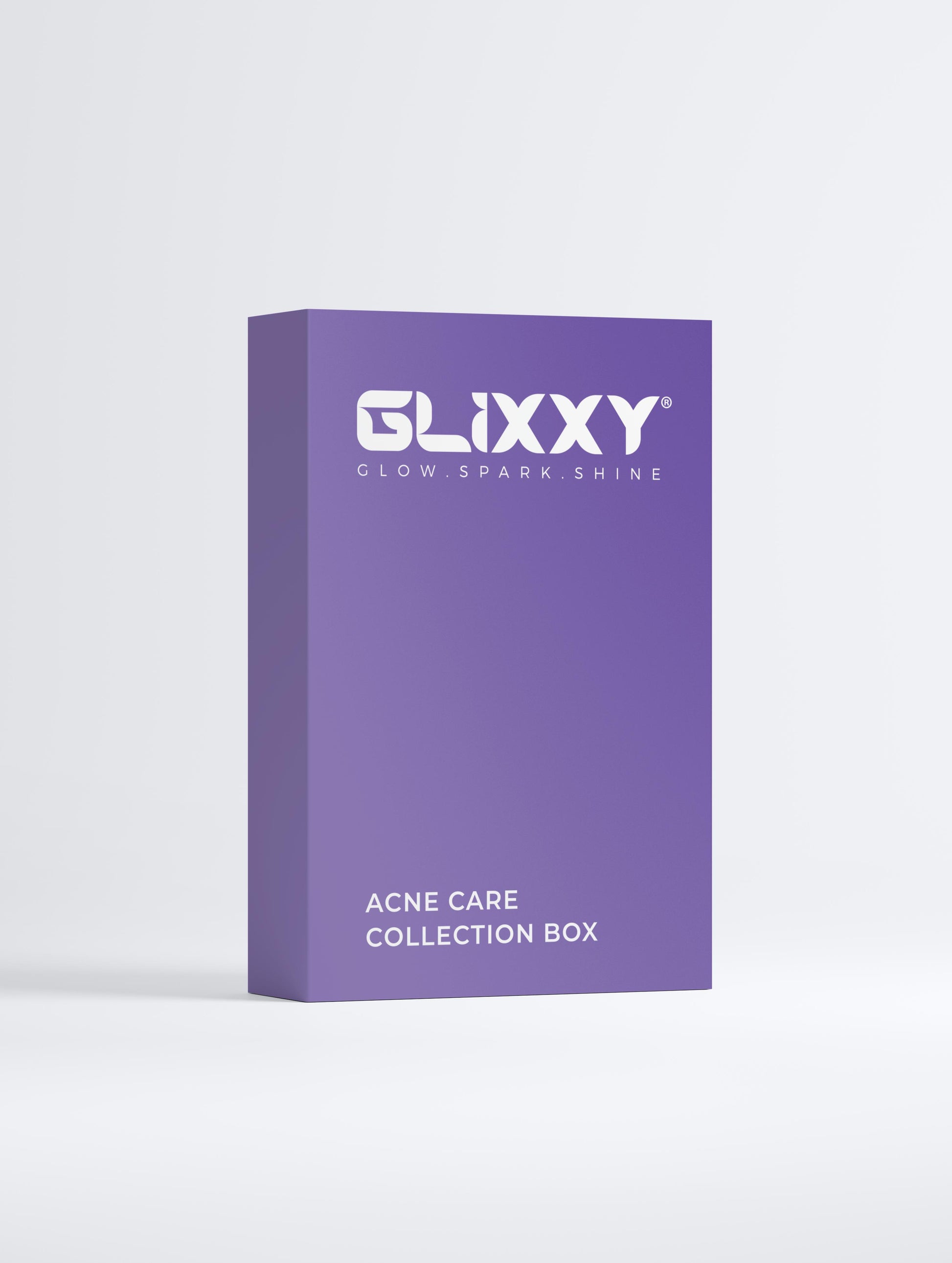 Purple Glixxy acne care collection box on a light gray background