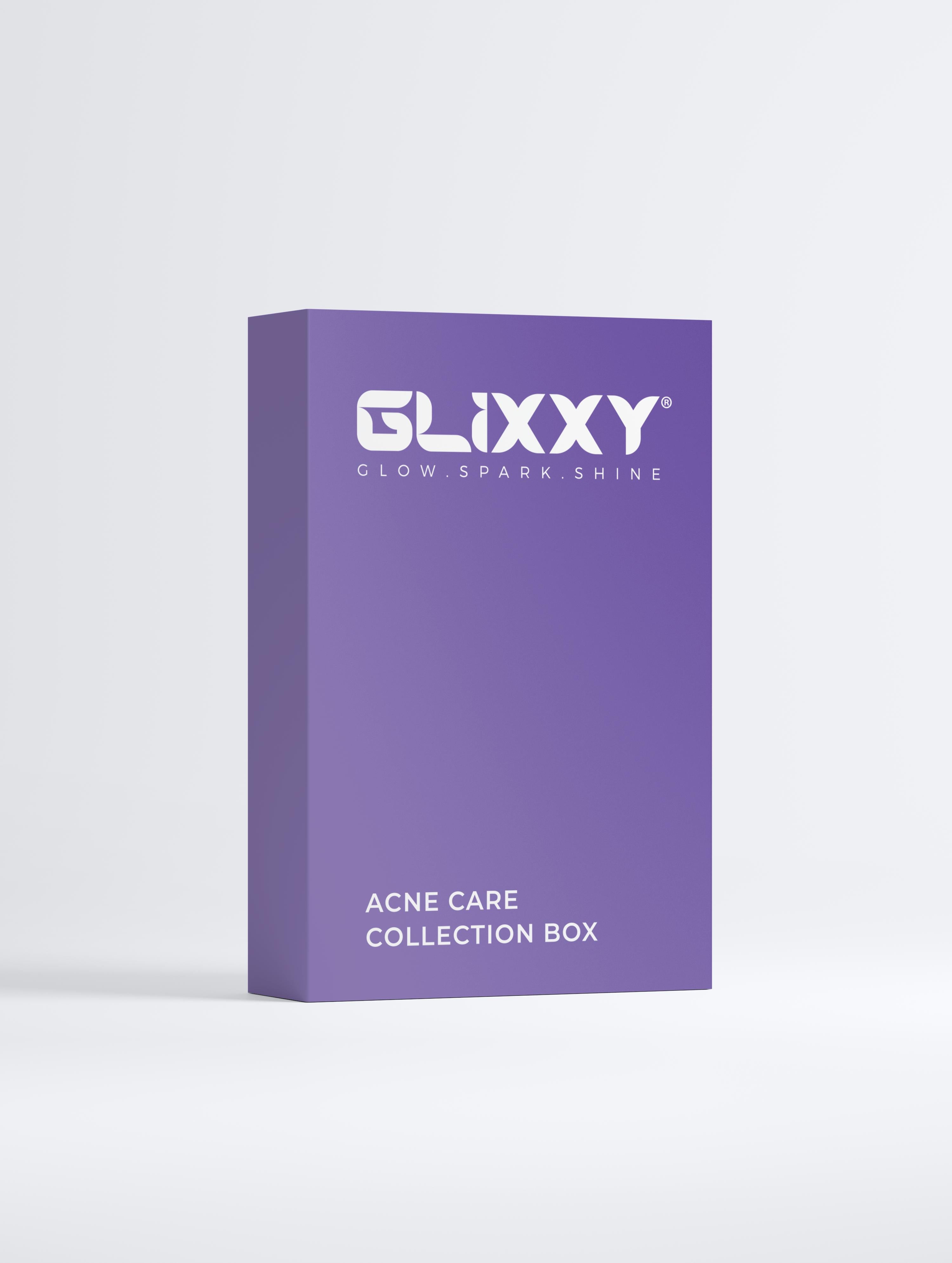 Purple Glixxy acne care collection box on a light gray background