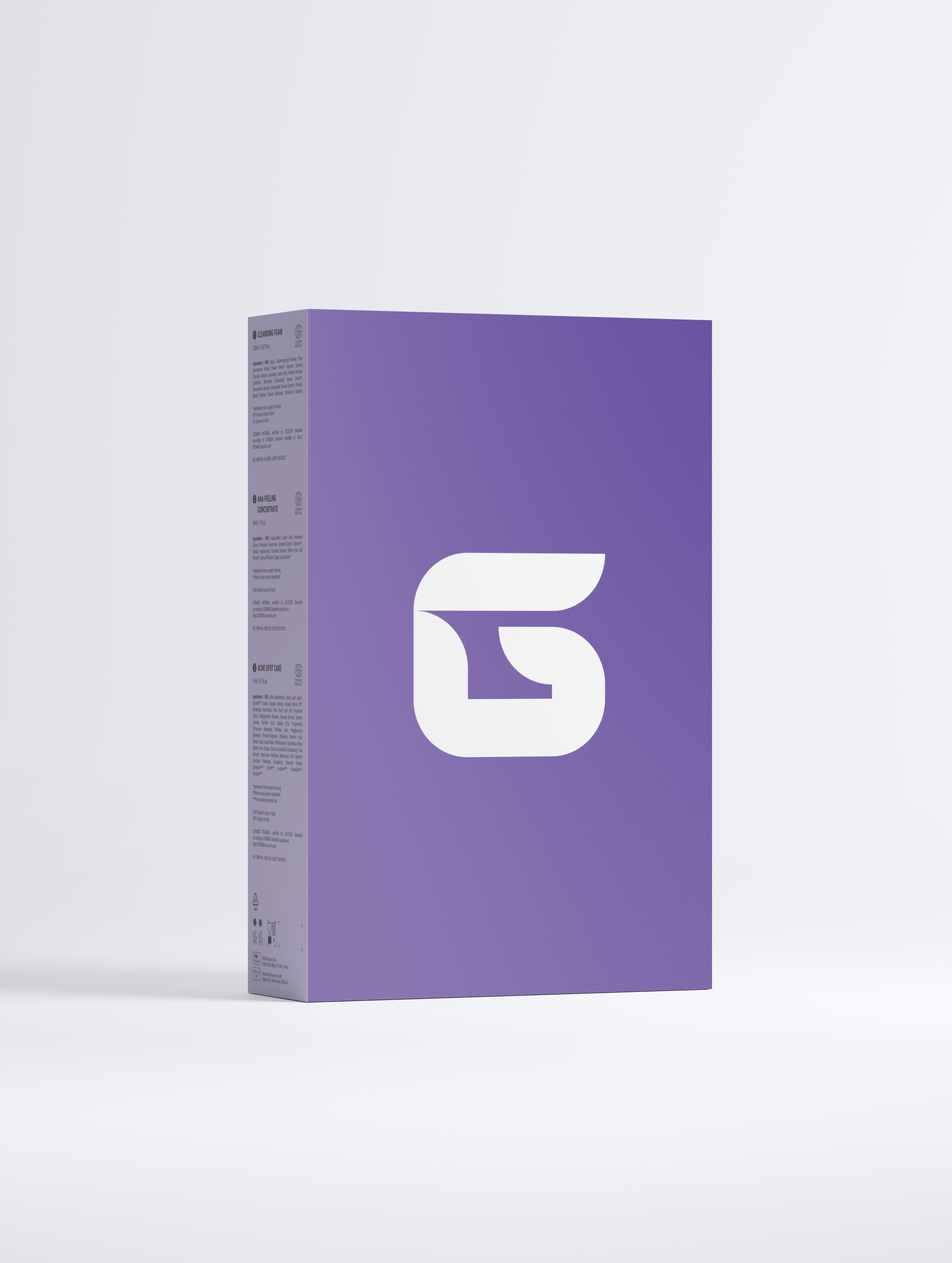 Purple acne care set with a white logo on a light gray background