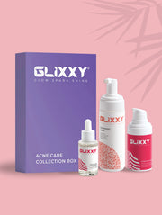 Glixxy acne care collection box with bottles on a pink background