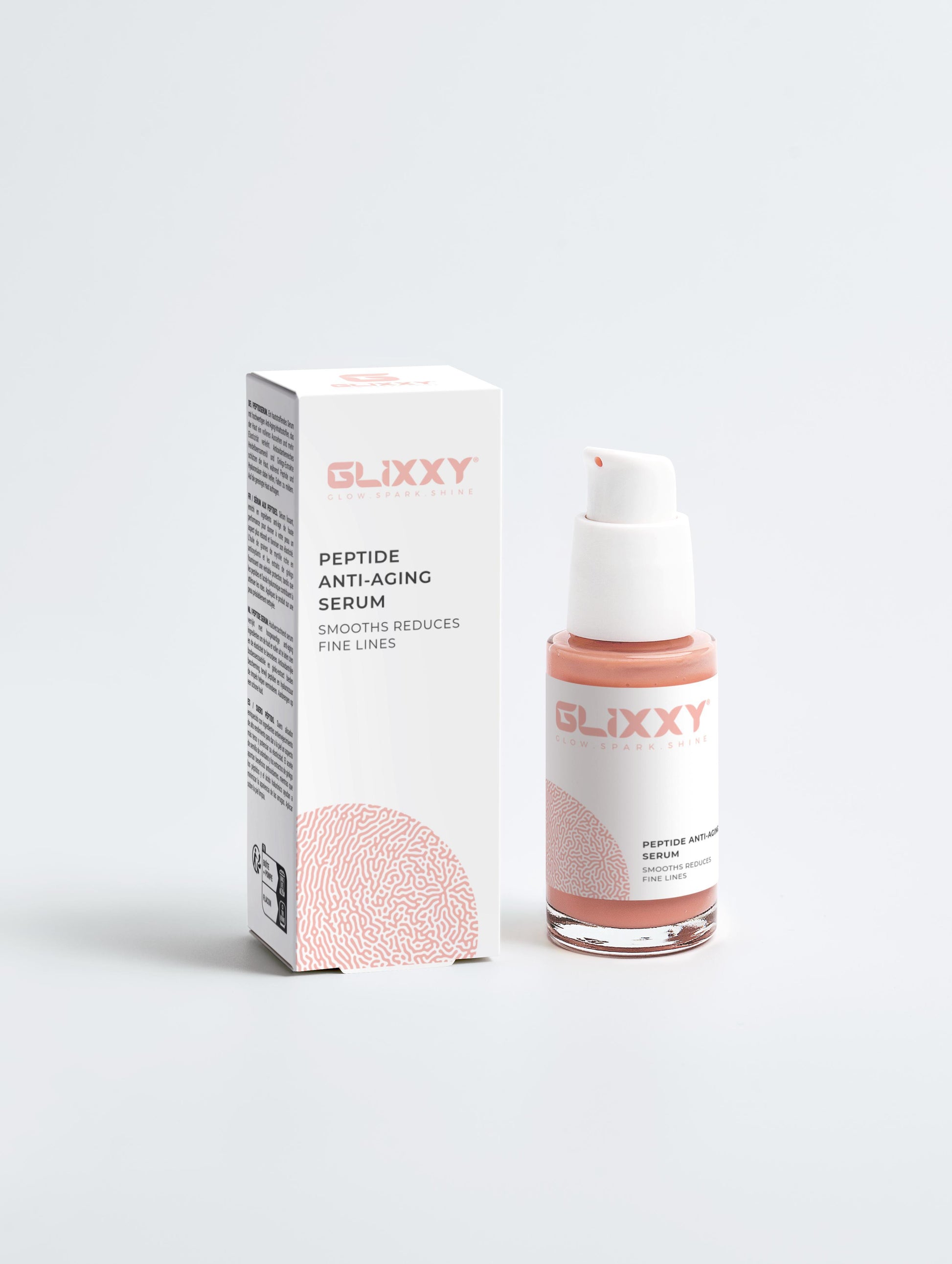 Glixxy peptide anti-aging serum bottle and packaging on a white background