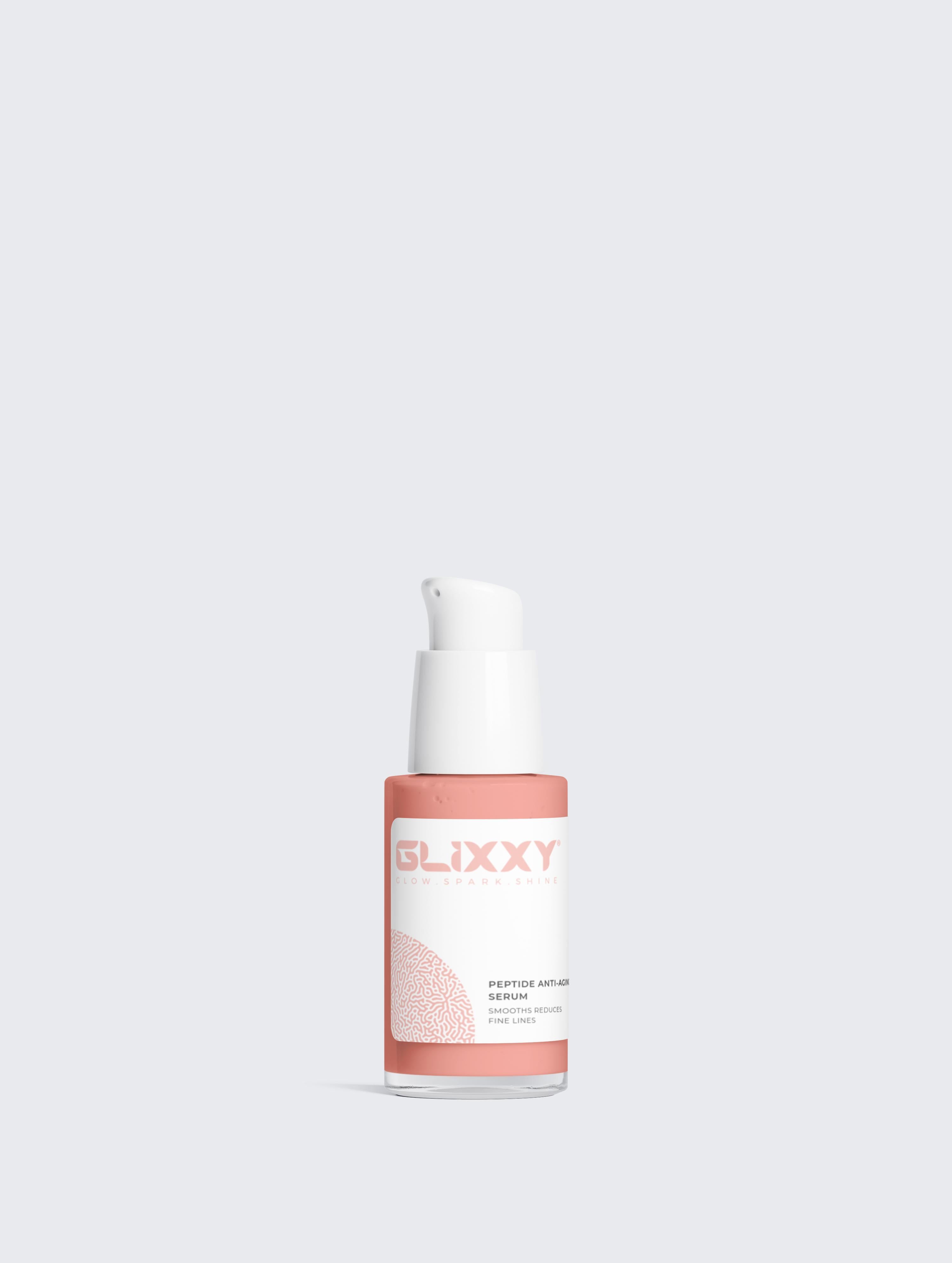 Glixxy skincare serum bottle on a light gray background