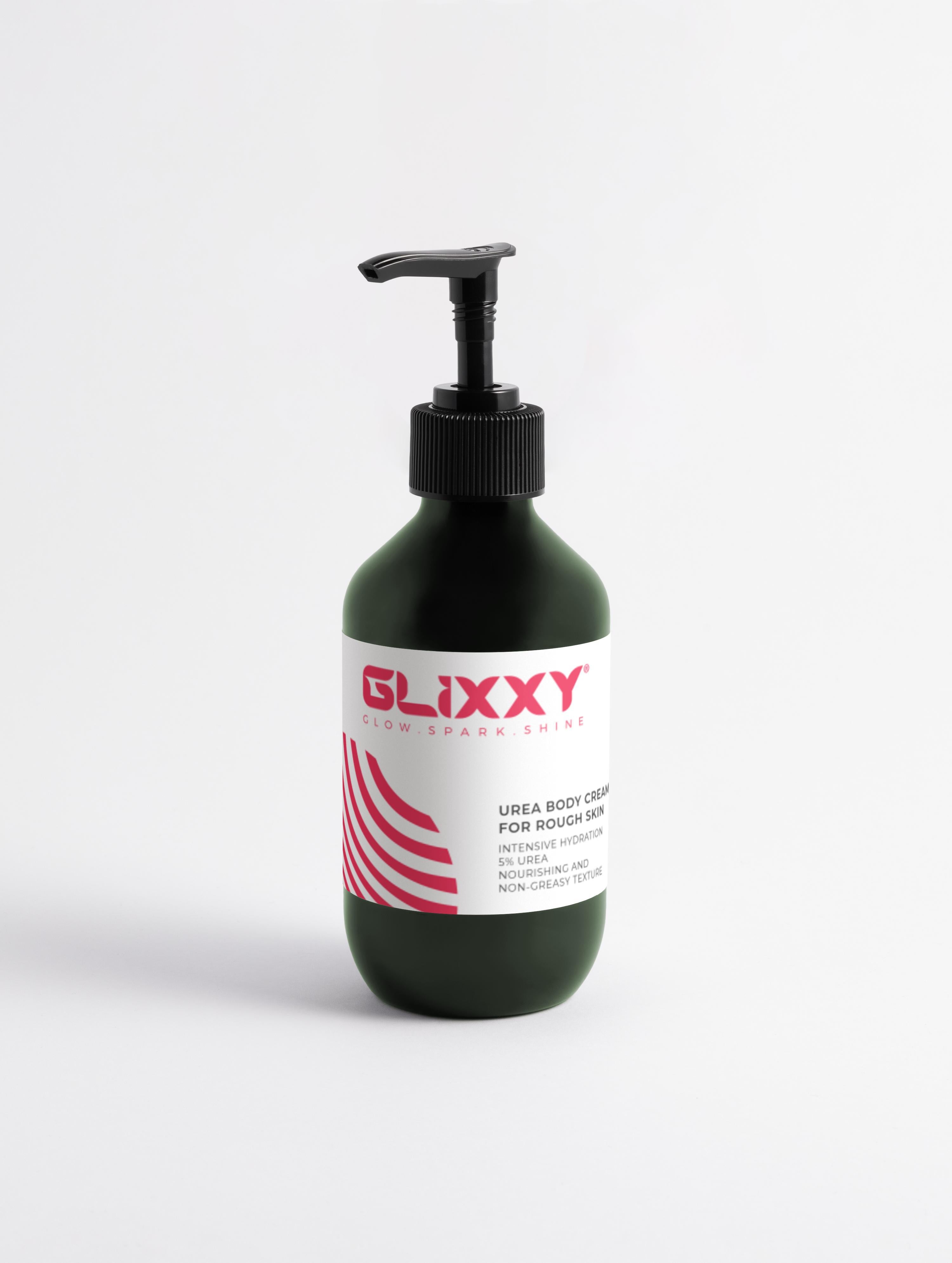 Glixxy urea body cream bottle on a white background