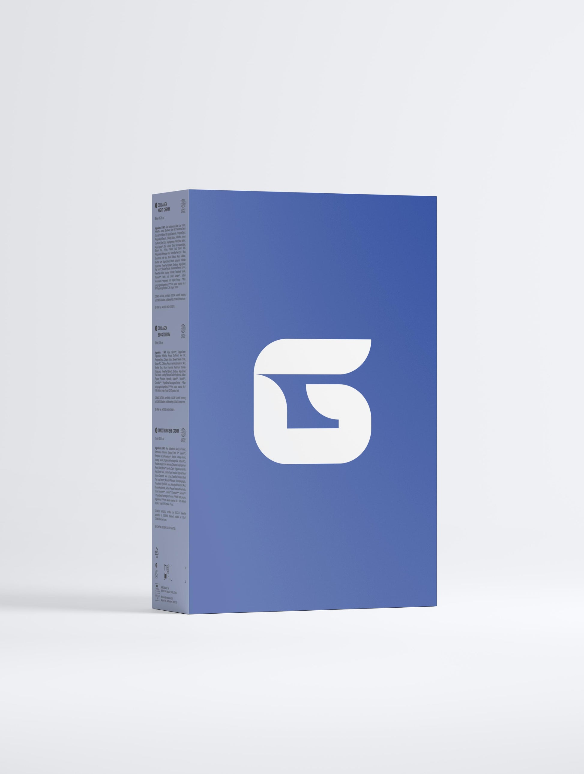 Blue box with a white logo on a light gray background