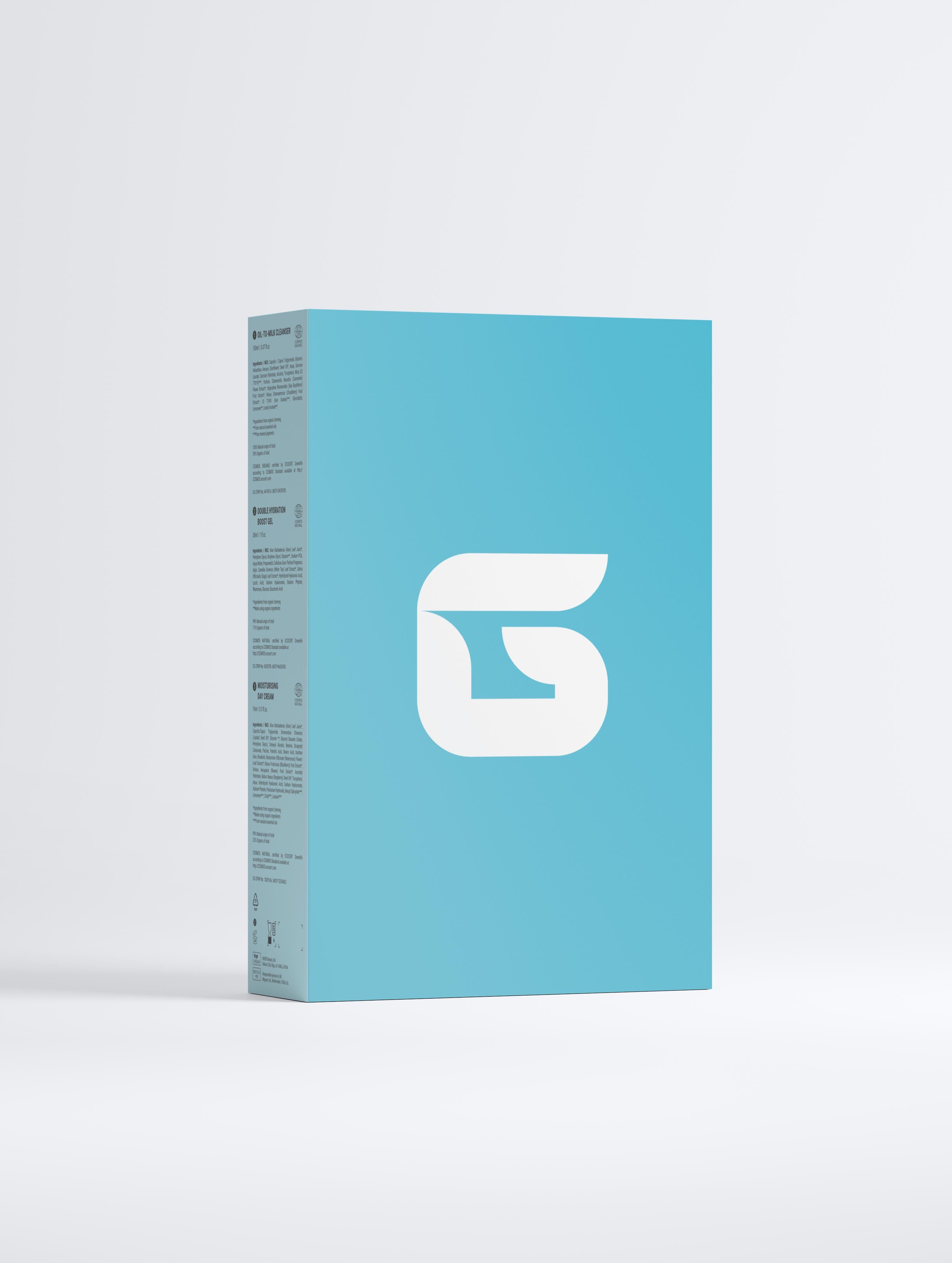 Blue box with a white logo on a light gray background