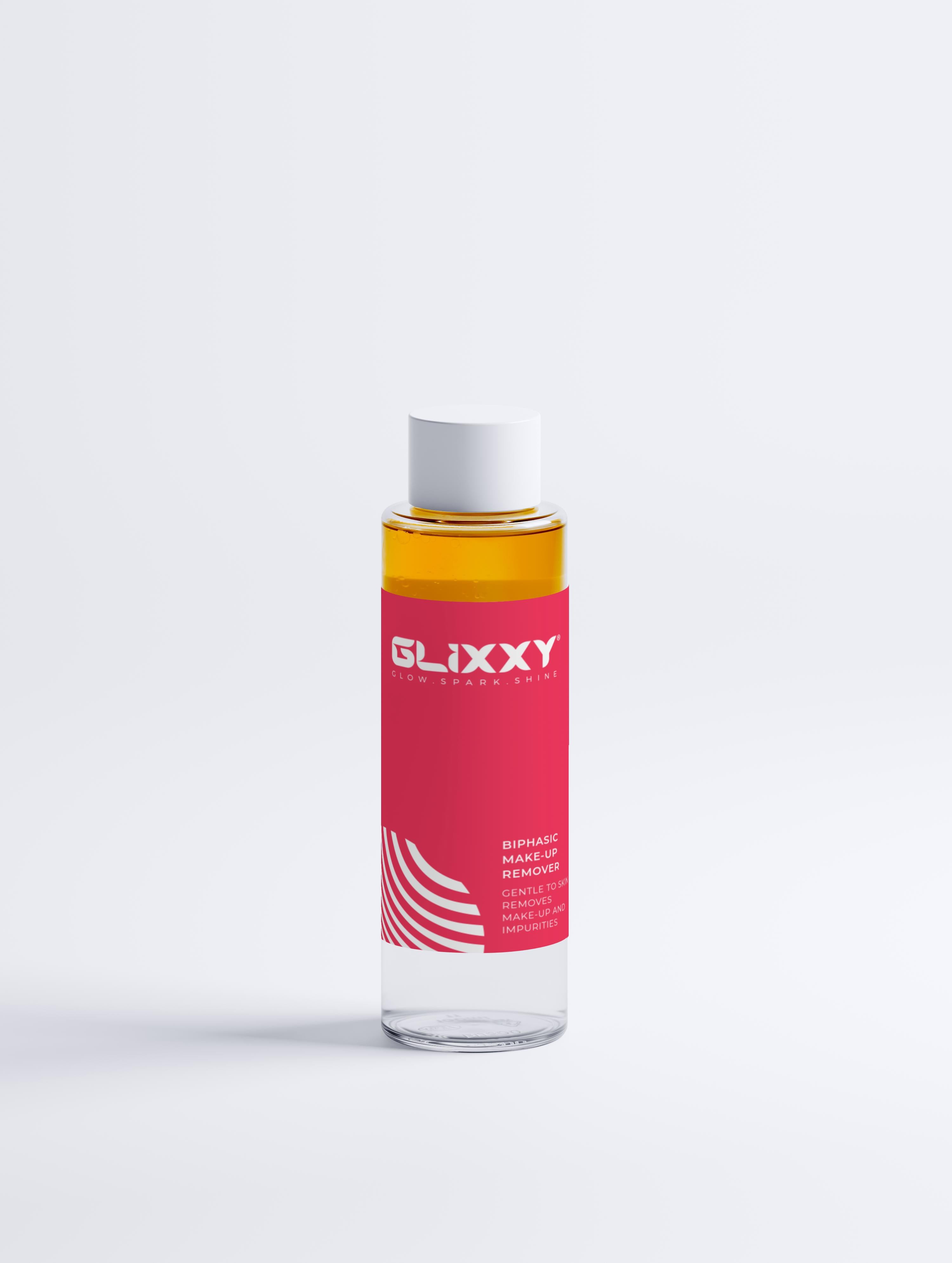 Bottle of Glixxy BiPhasic Make-up Remover on a white background 