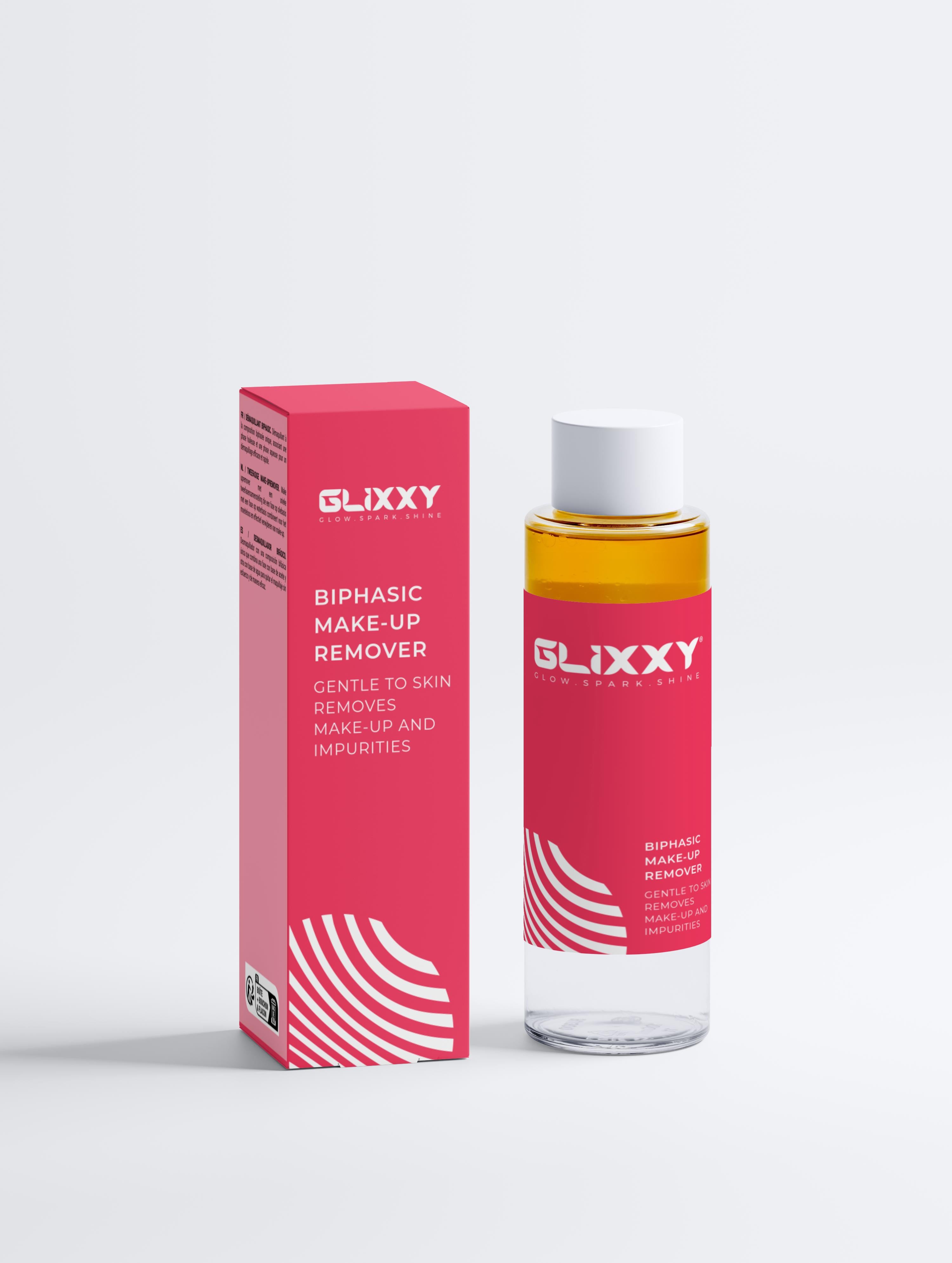 Glixxy biphasic makeup remover bottle and packaging on a white background
