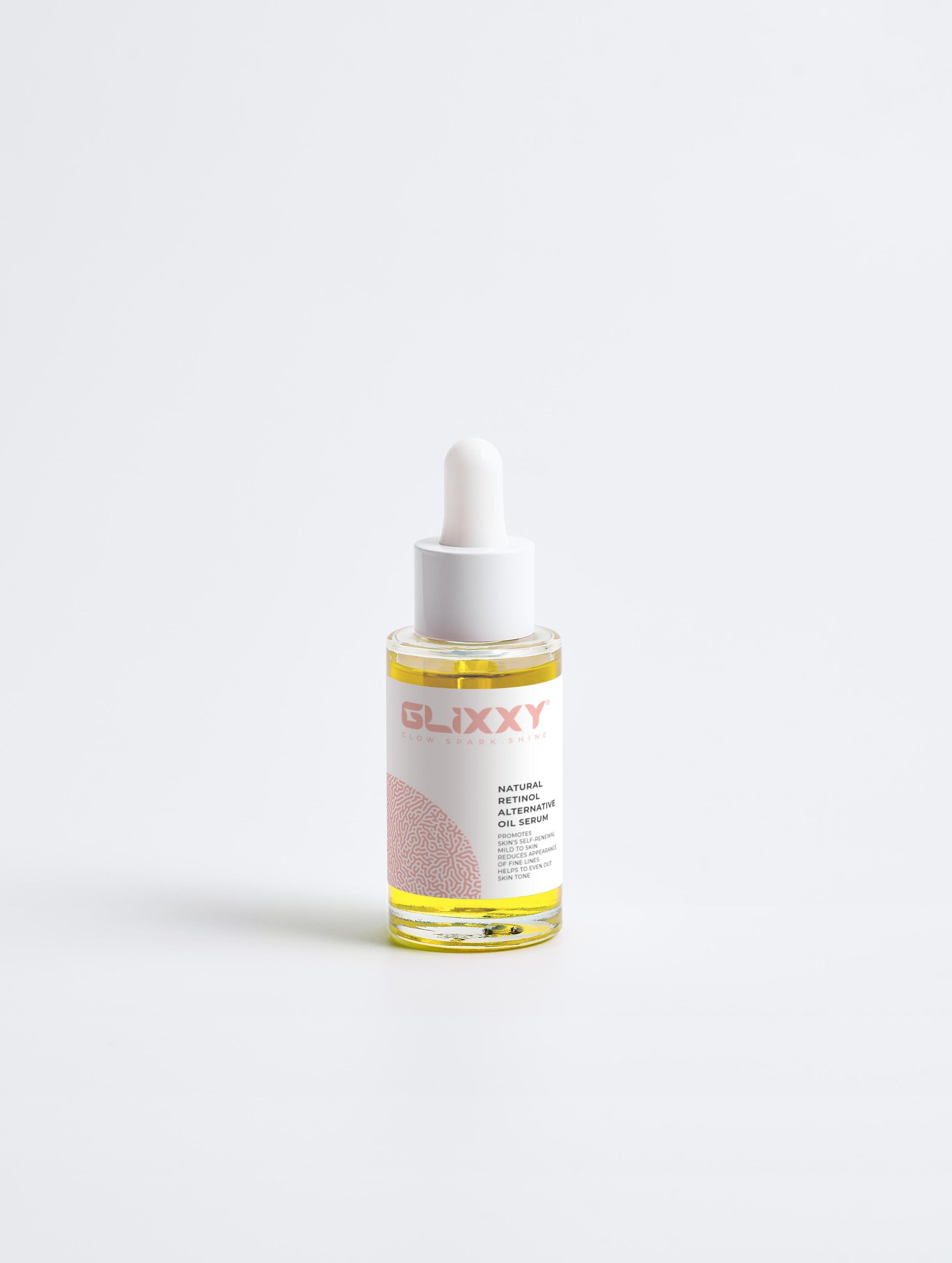 Glixxy skincare serum bottle with dropper on a white background