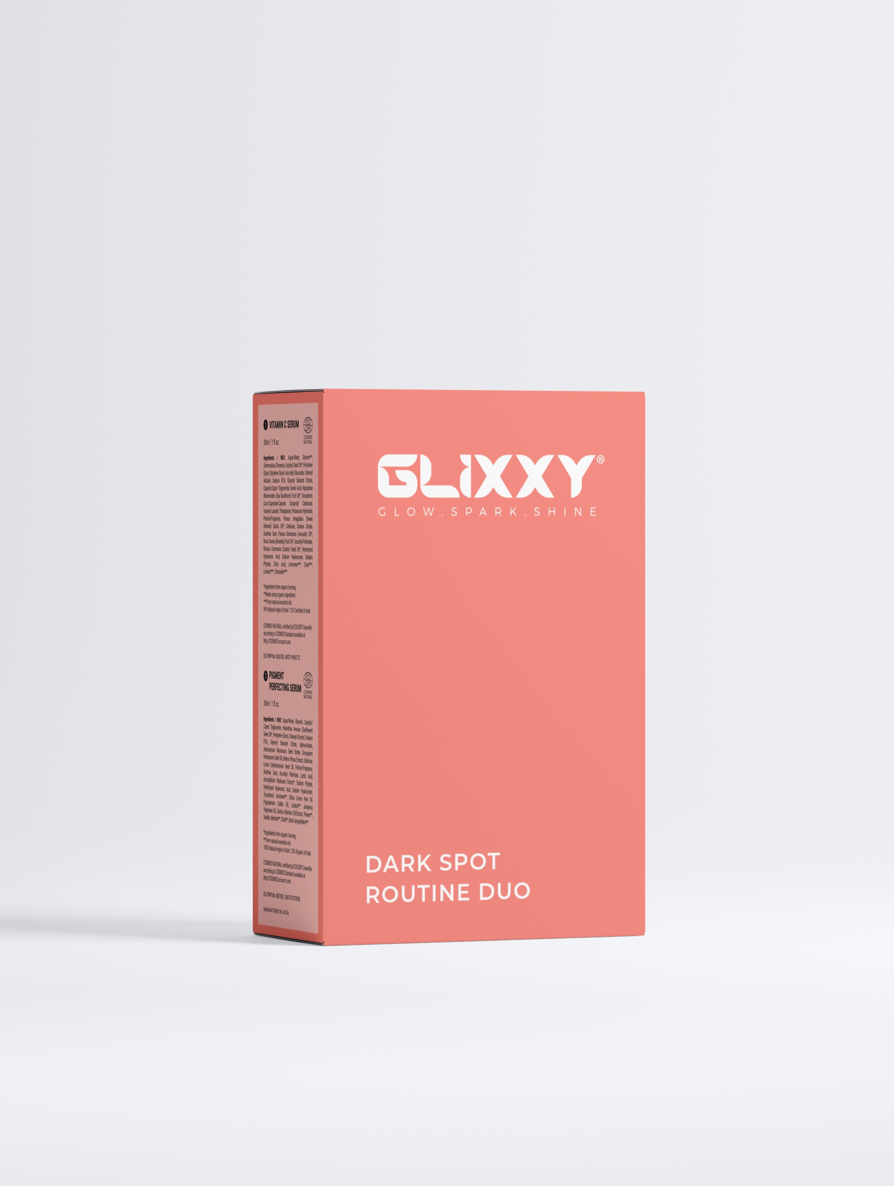 Glixxy Dark Spot Routine Duo packaging on a light gray background