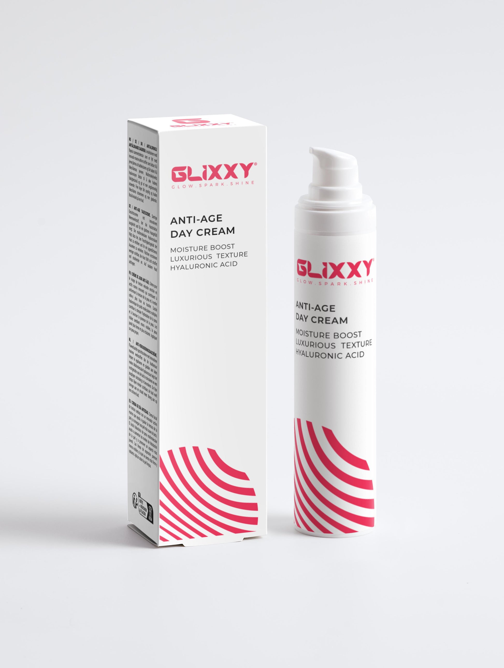 Glixxy anti-age day cream with packaging on a white background