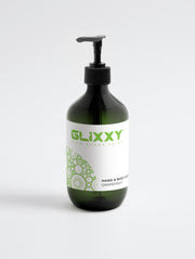 Glixxy hand and body wash bottle with pump on a white background suitable for all types of skins.