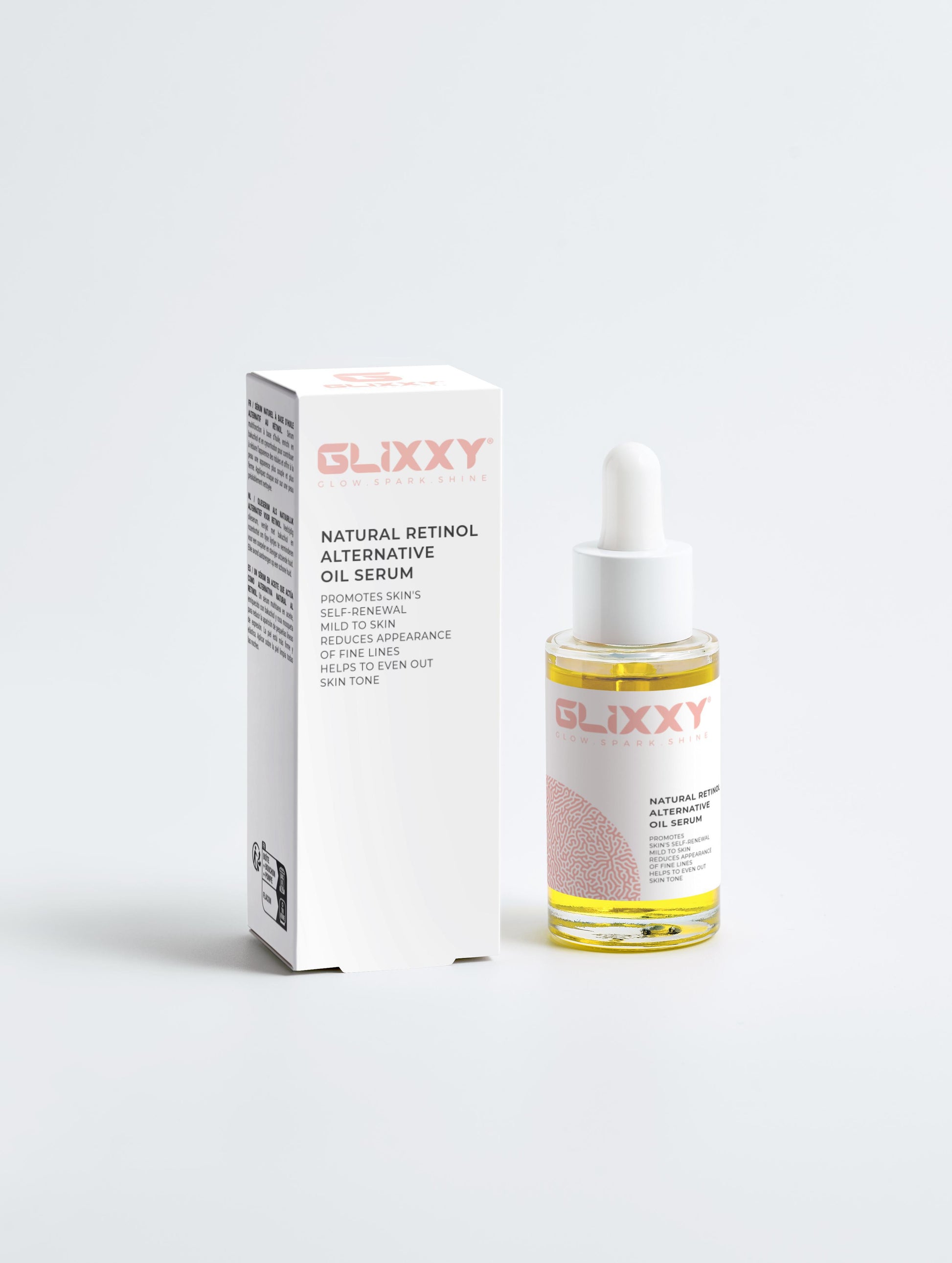 Glixxy natural retinol alternative oil serum with packaging on a white background