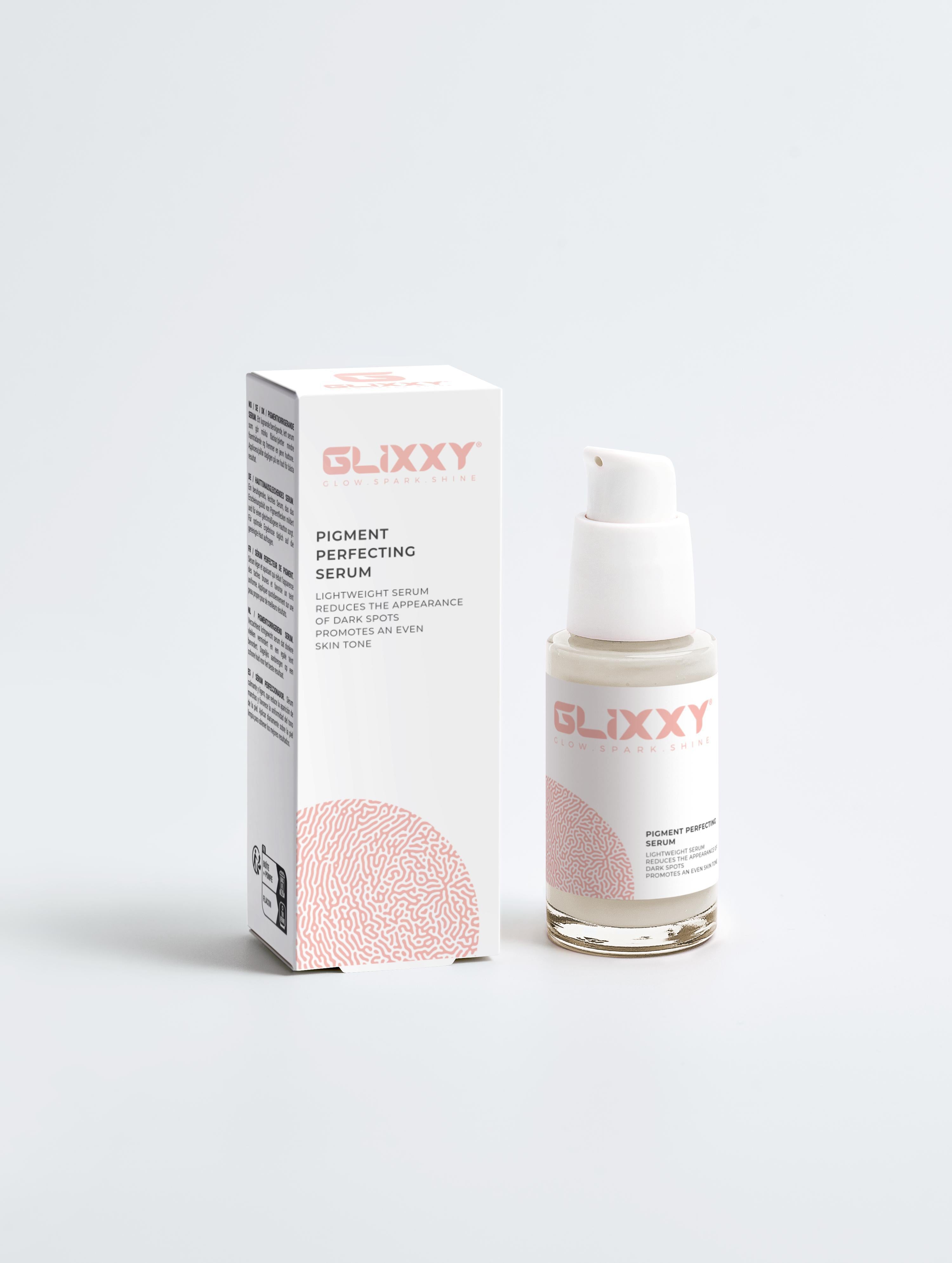 Glixxy serum bottle and packaging on a white background