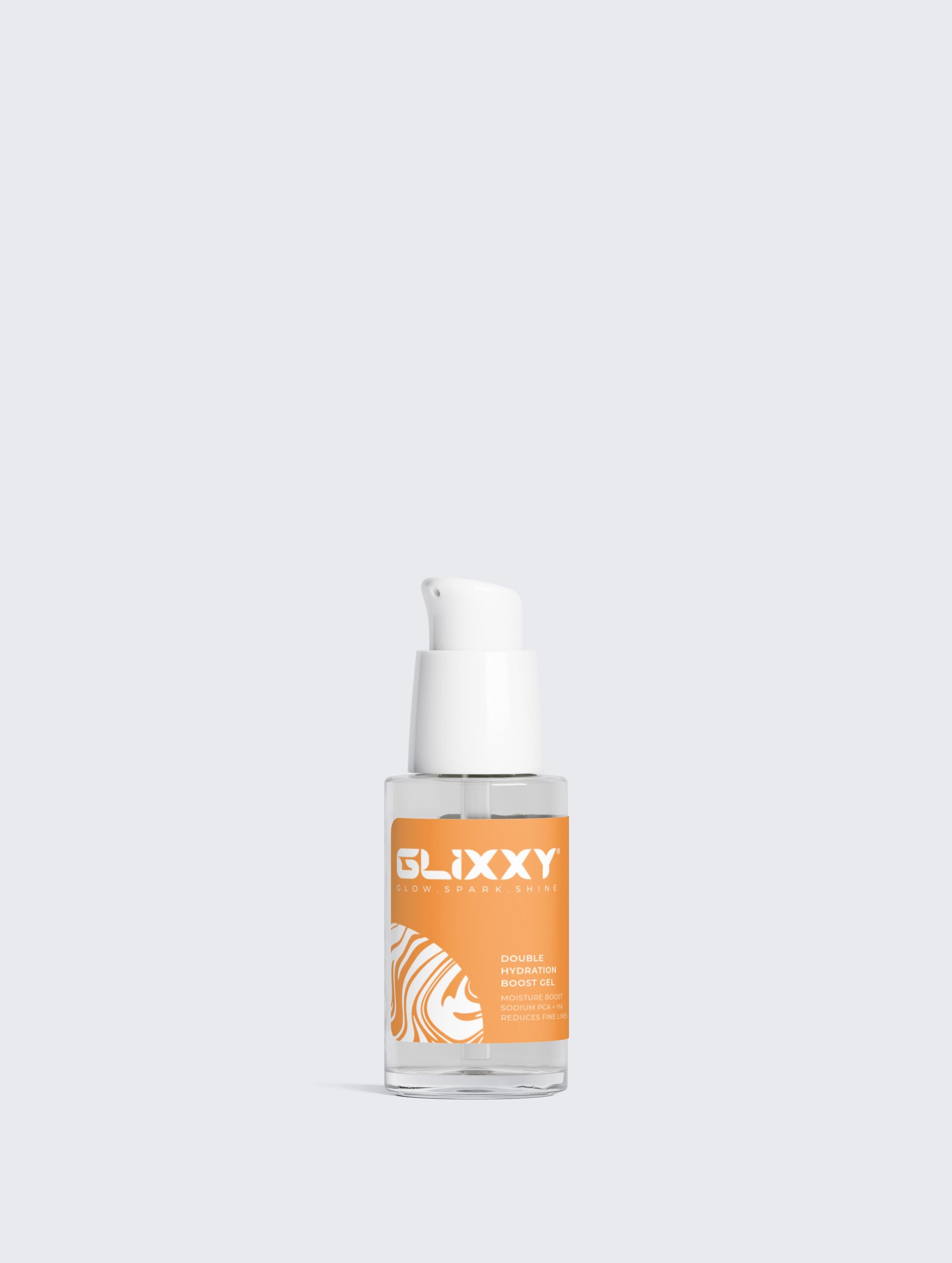 Glixxy skincare serum bottle on a light gray background