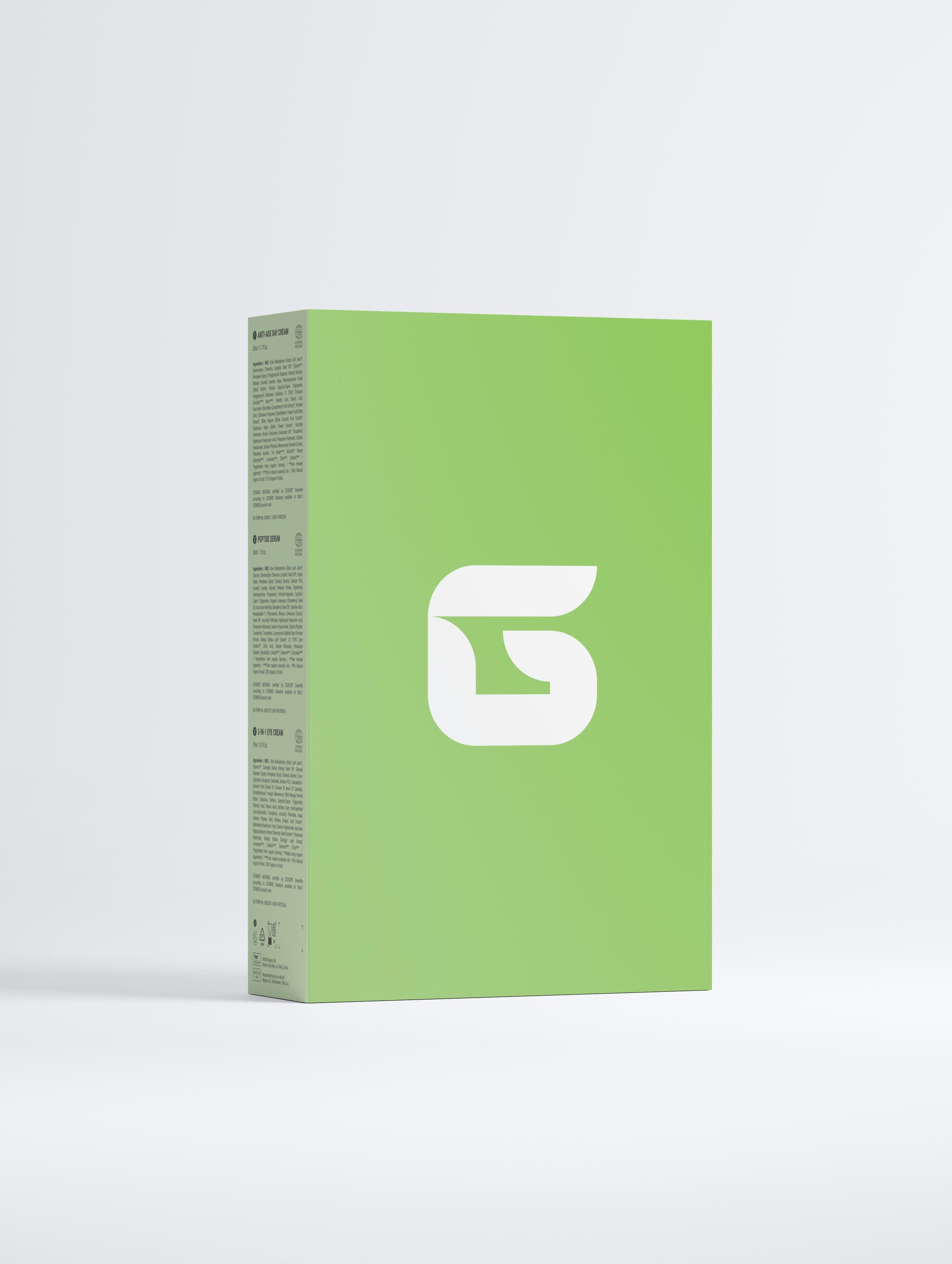 Green box with a white logo on a white background