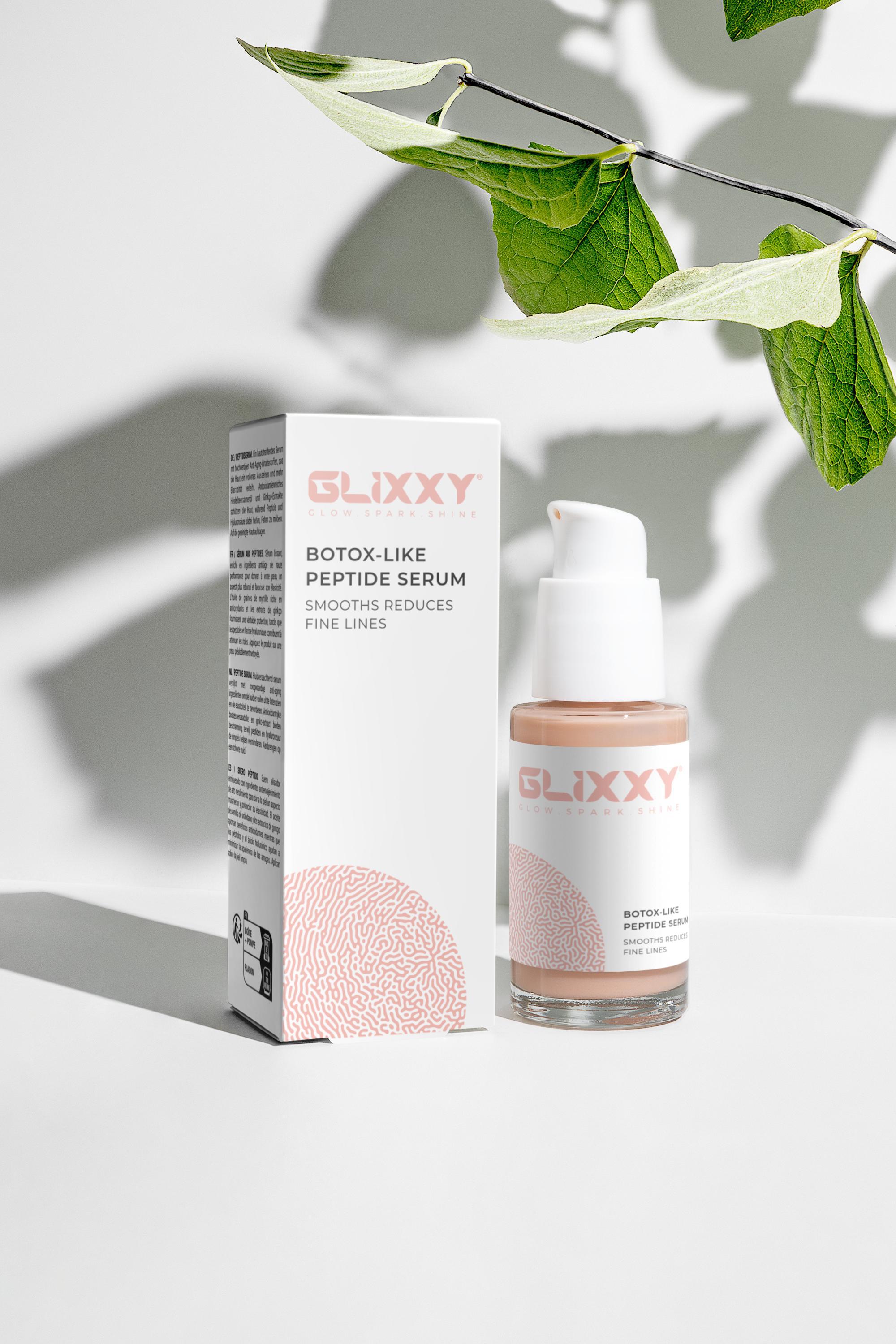 Glixxy botox-like peptide serum with packaging on a light background