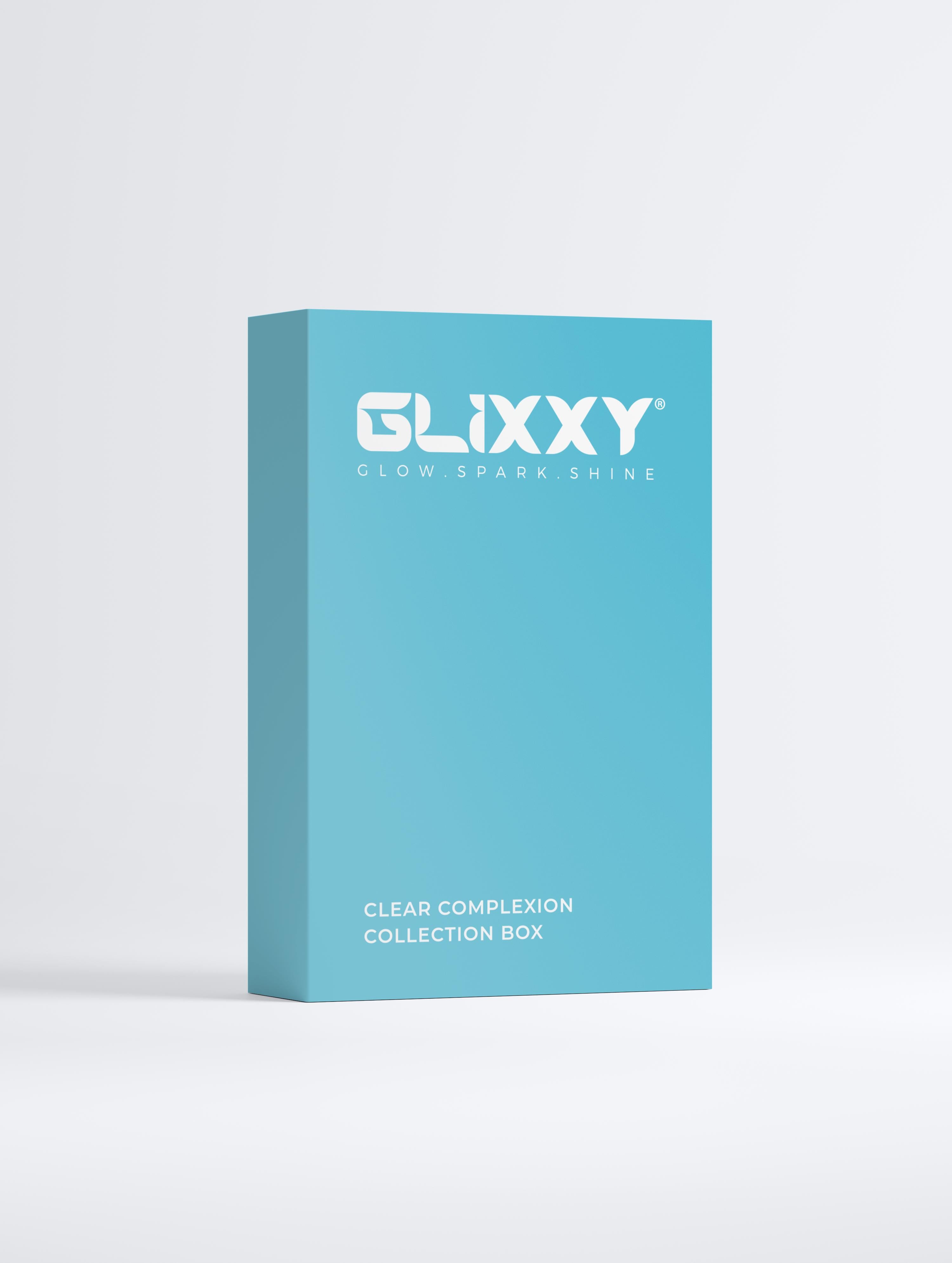 Glixxy clear complexion collection box on a light gray background