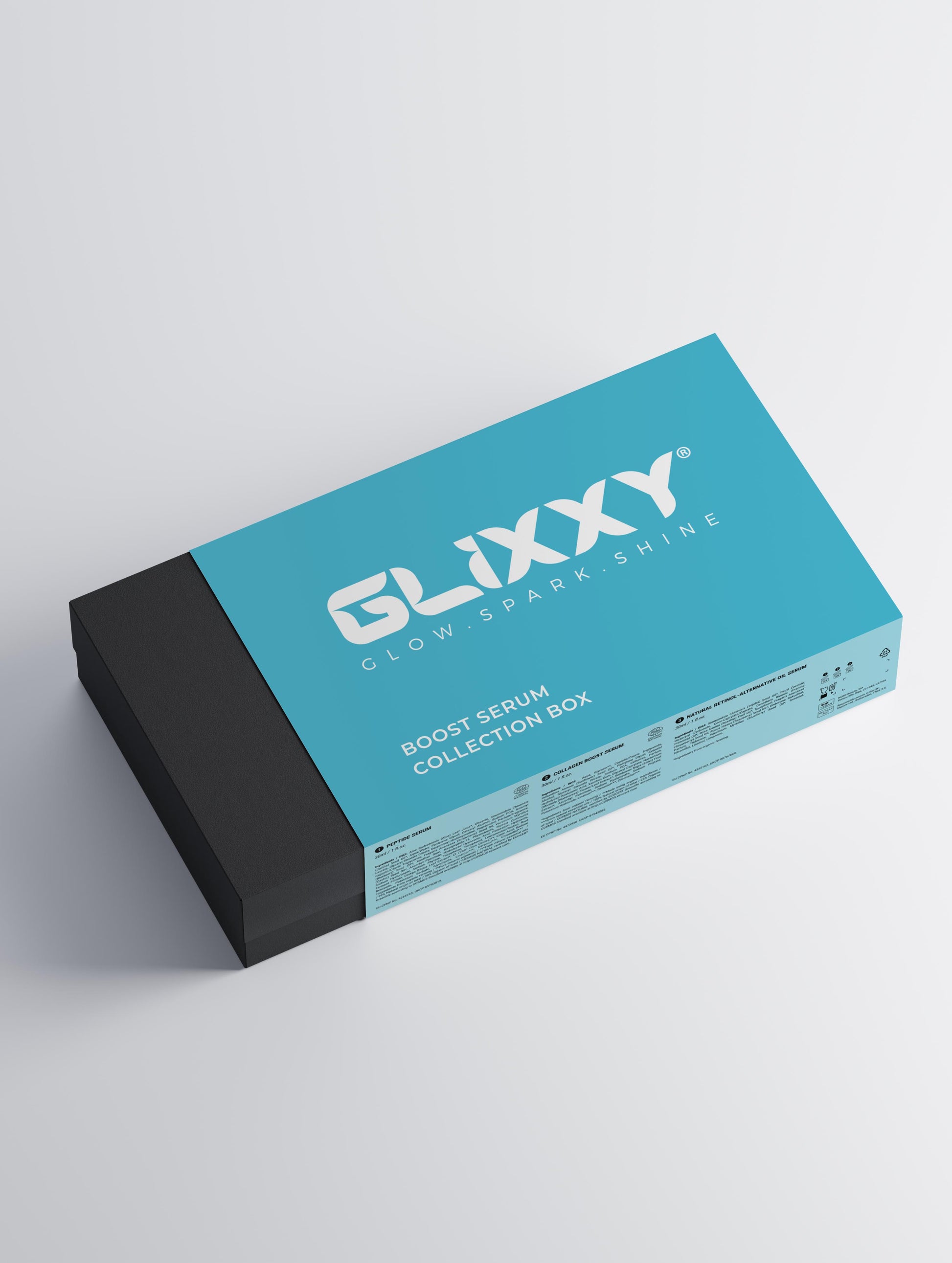 Glixxy boost serum collection box on a light gray background