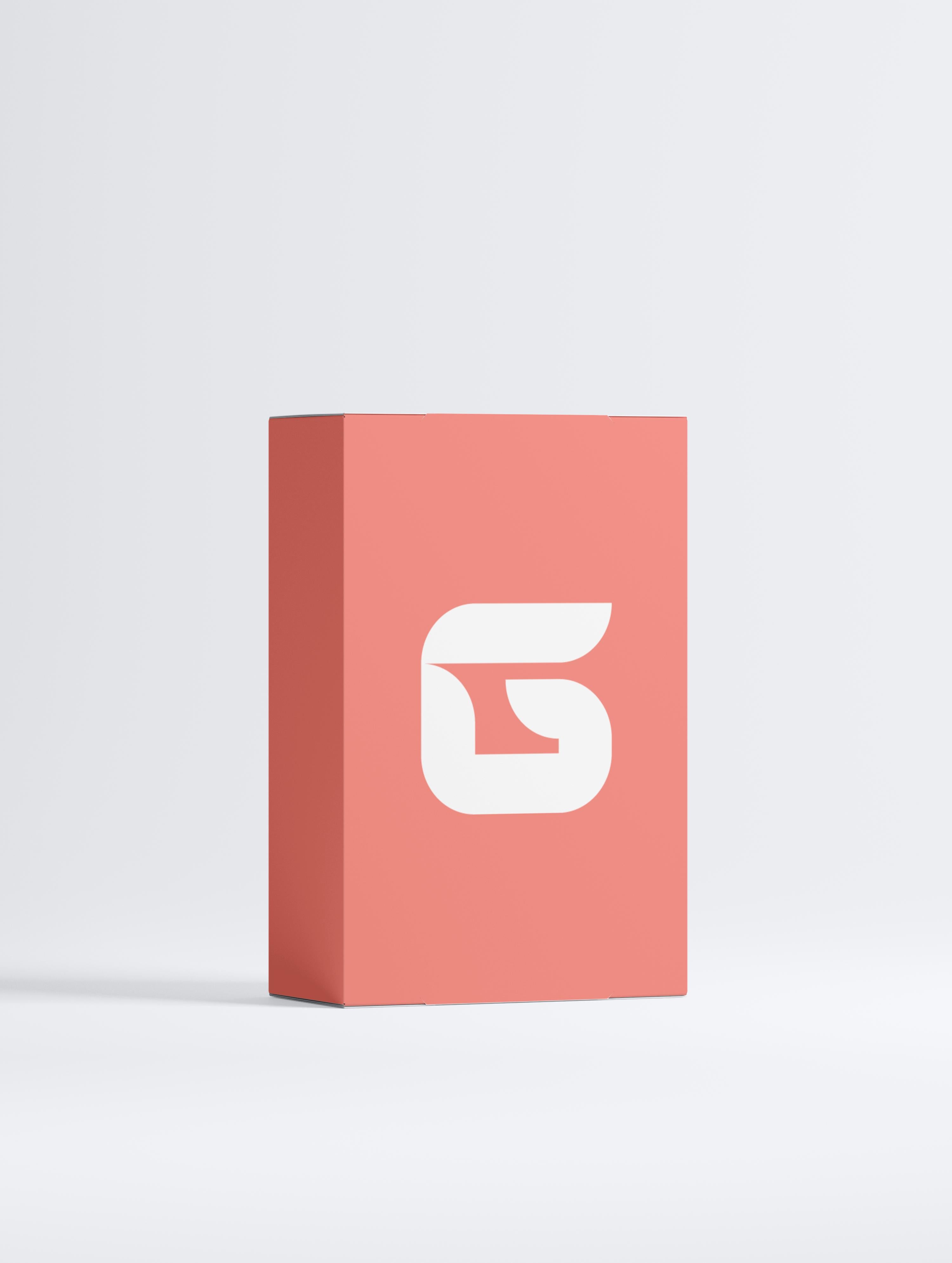 Red box with a white logo on a light gray background