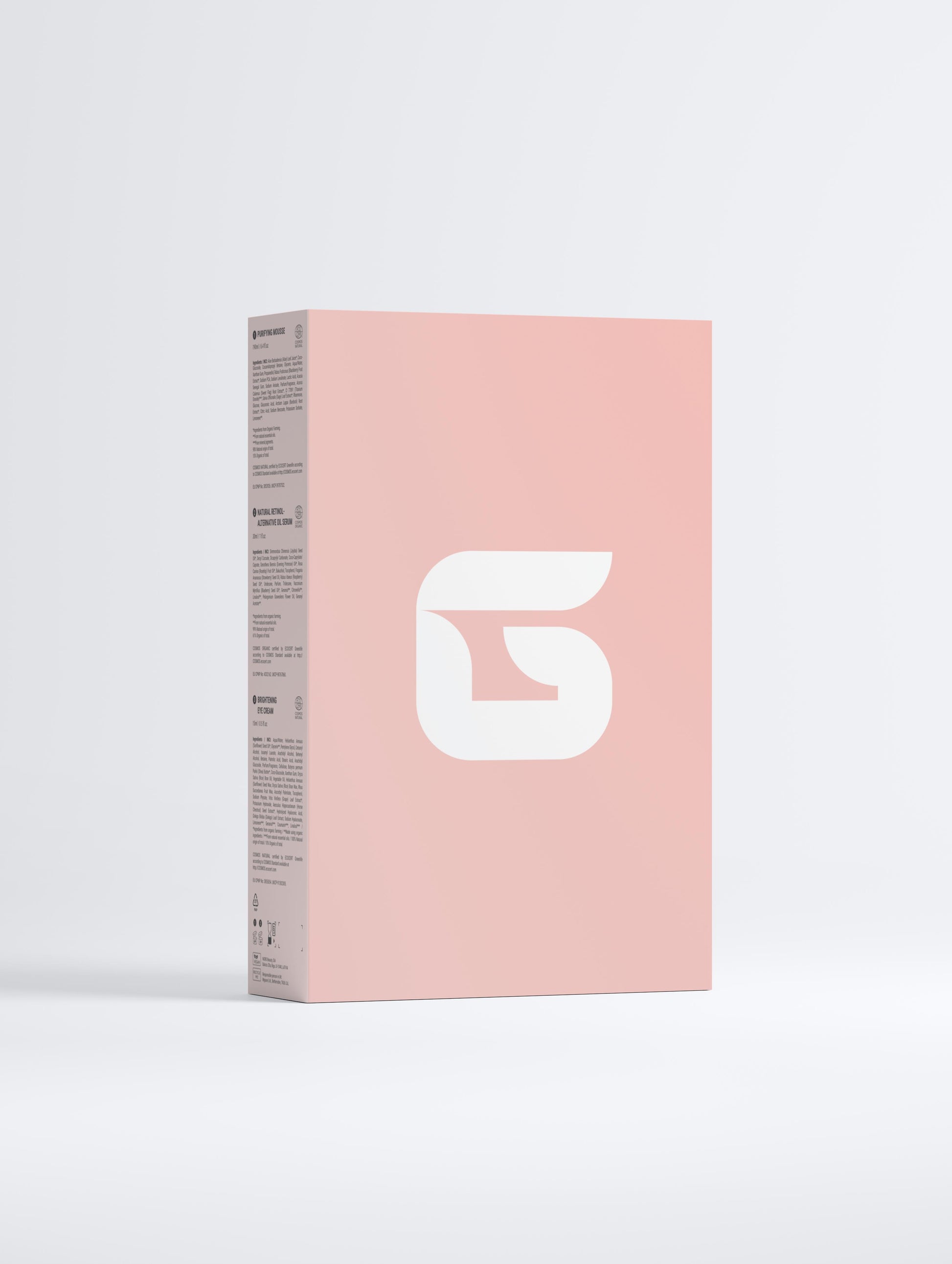 Pink box with a white logo on a light gray background