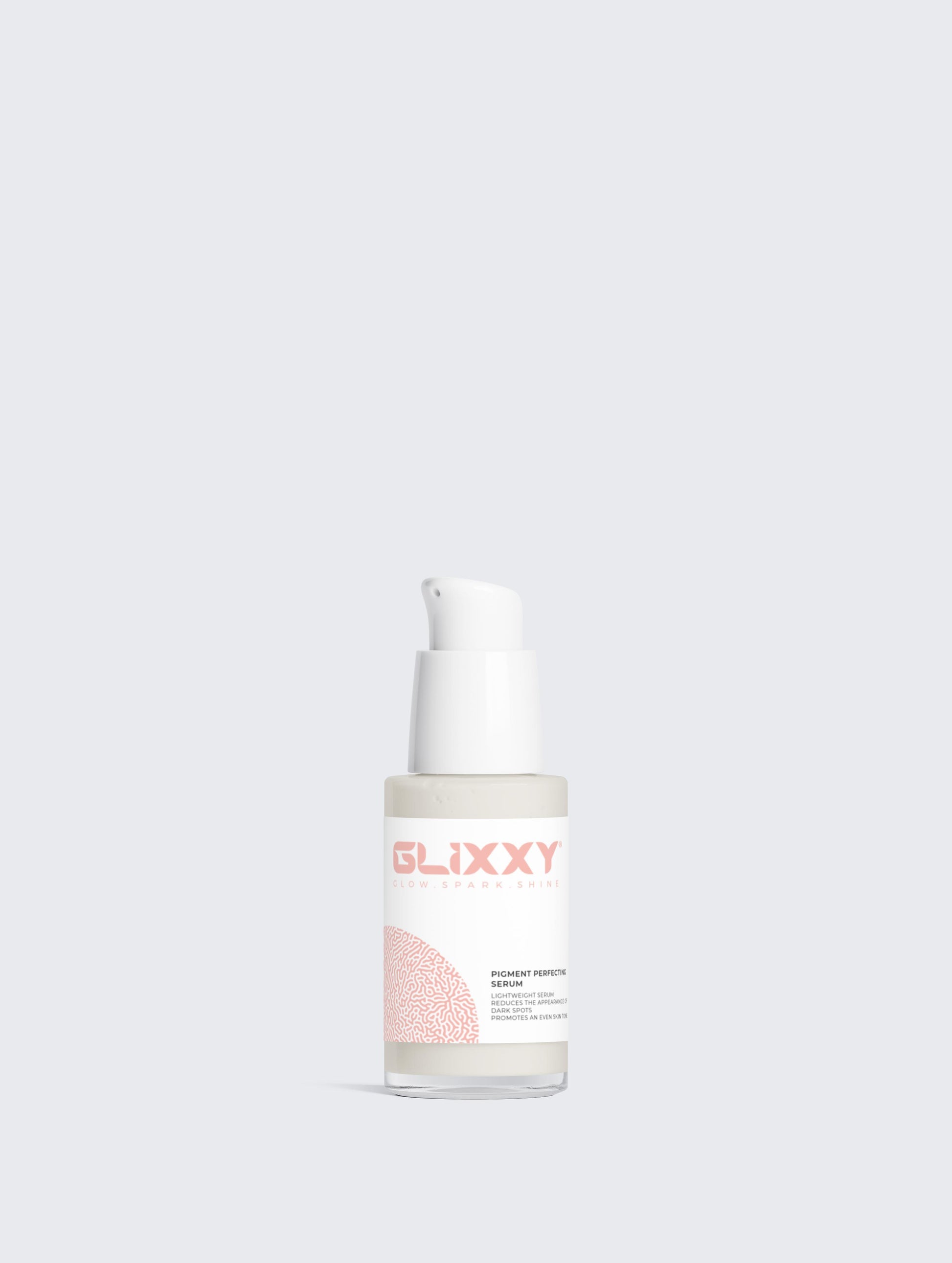 Skincare serum bottle labeled 'Glixxy' on a light gray background