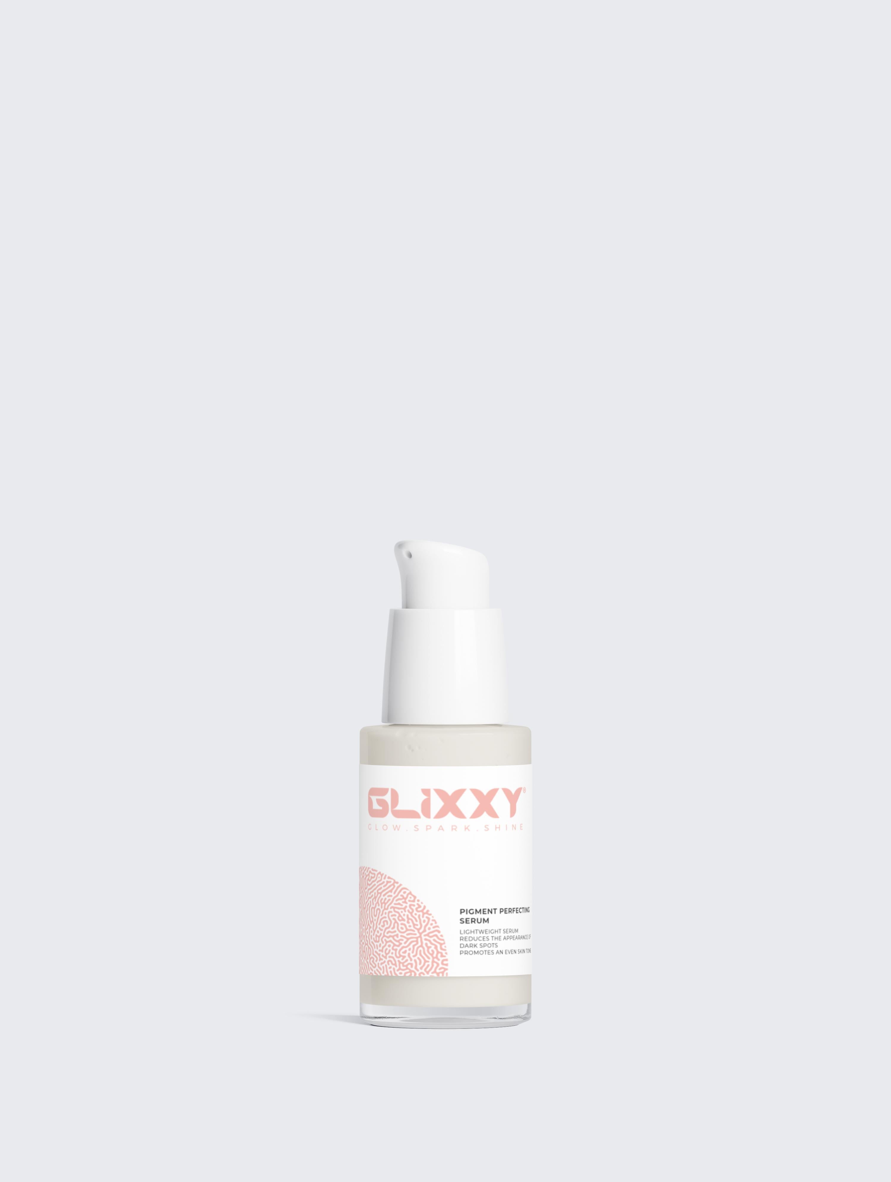 Skincare serum bottle labeled 'Glixxy' on a light gray background