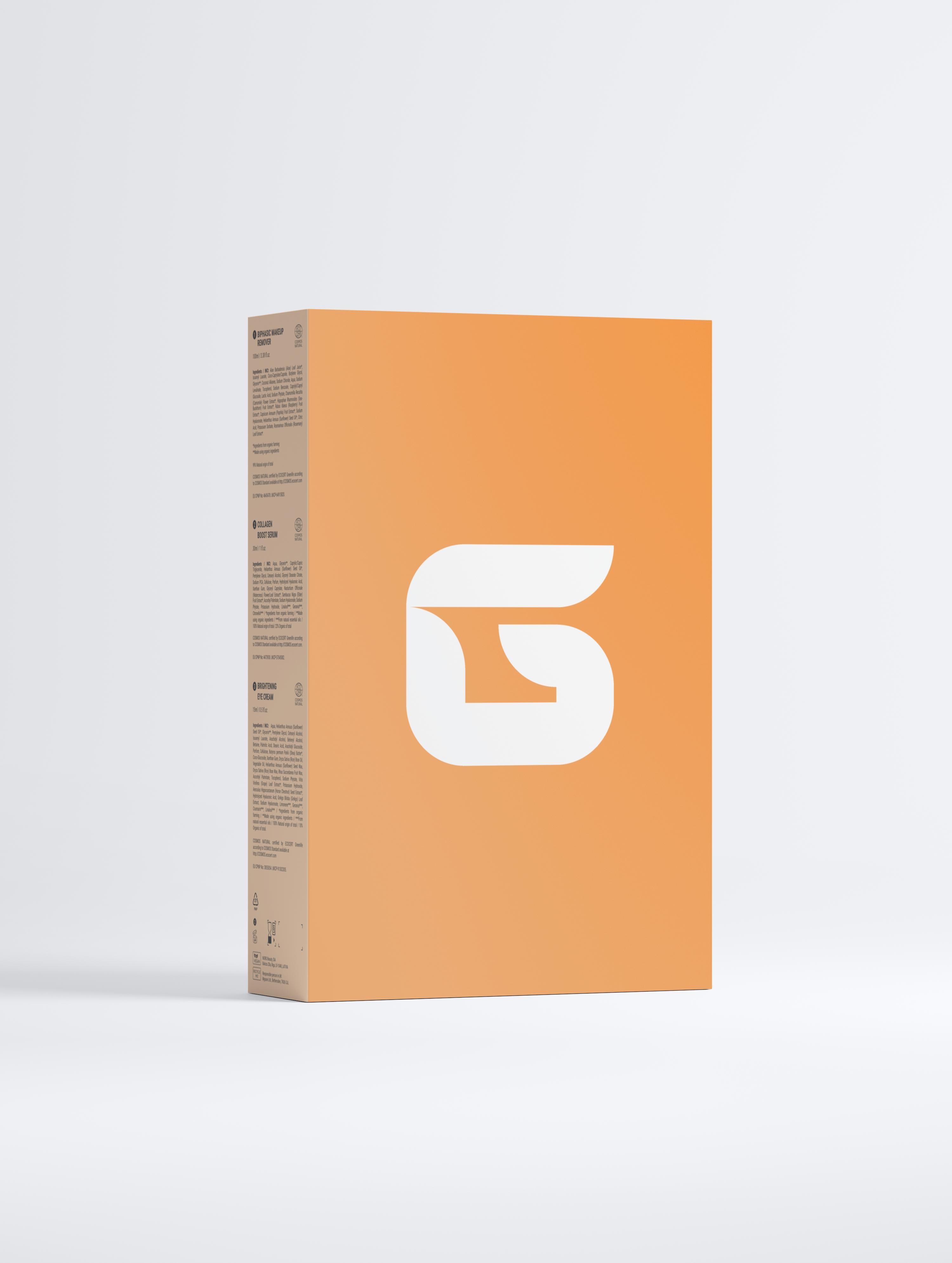 Orange box with a white logo on a white background
