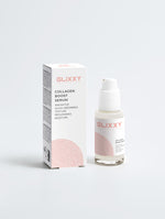 Glixxy Collagen Boost Serum with packaging on a white background