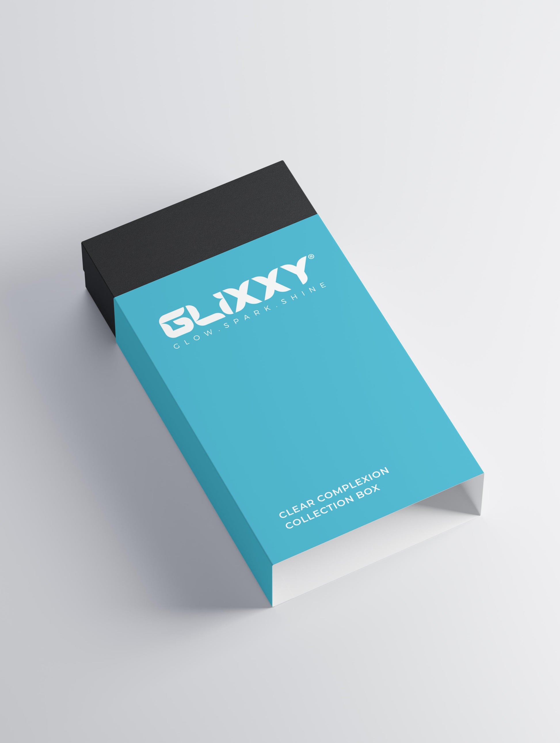 Blue and black box with 'GLIXXY' branding on a light gray background