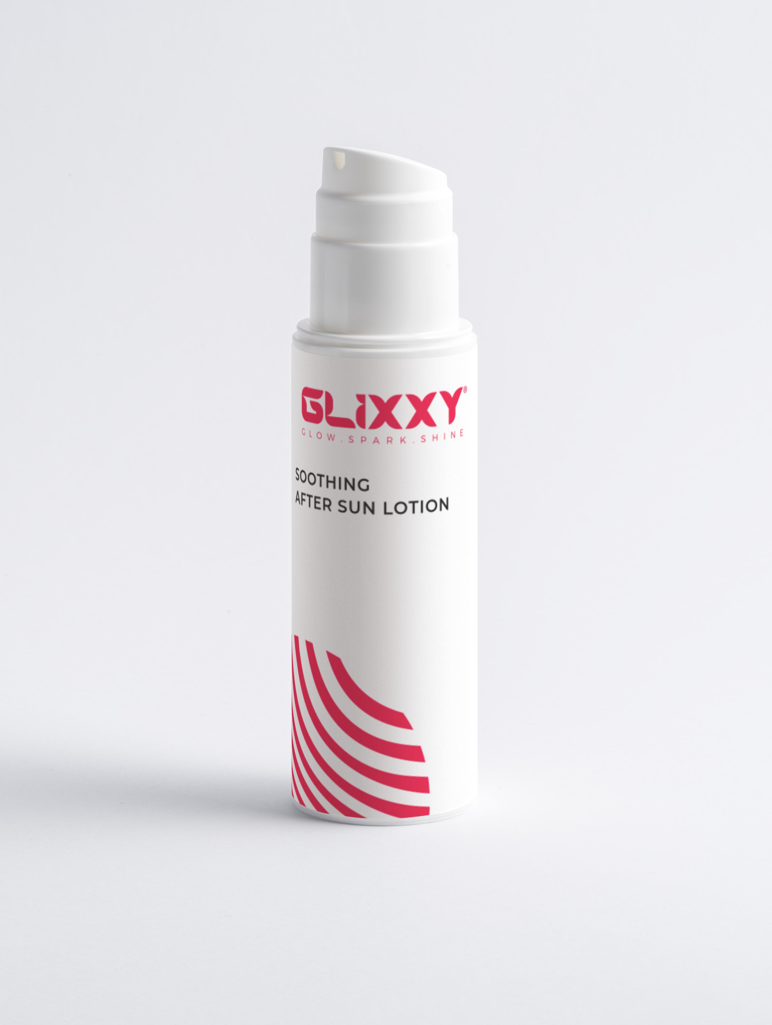 Glixxy soothing after sun lotion bottle on a light gray background