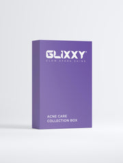 Purple Glixxy acne care collection box on a light gray background