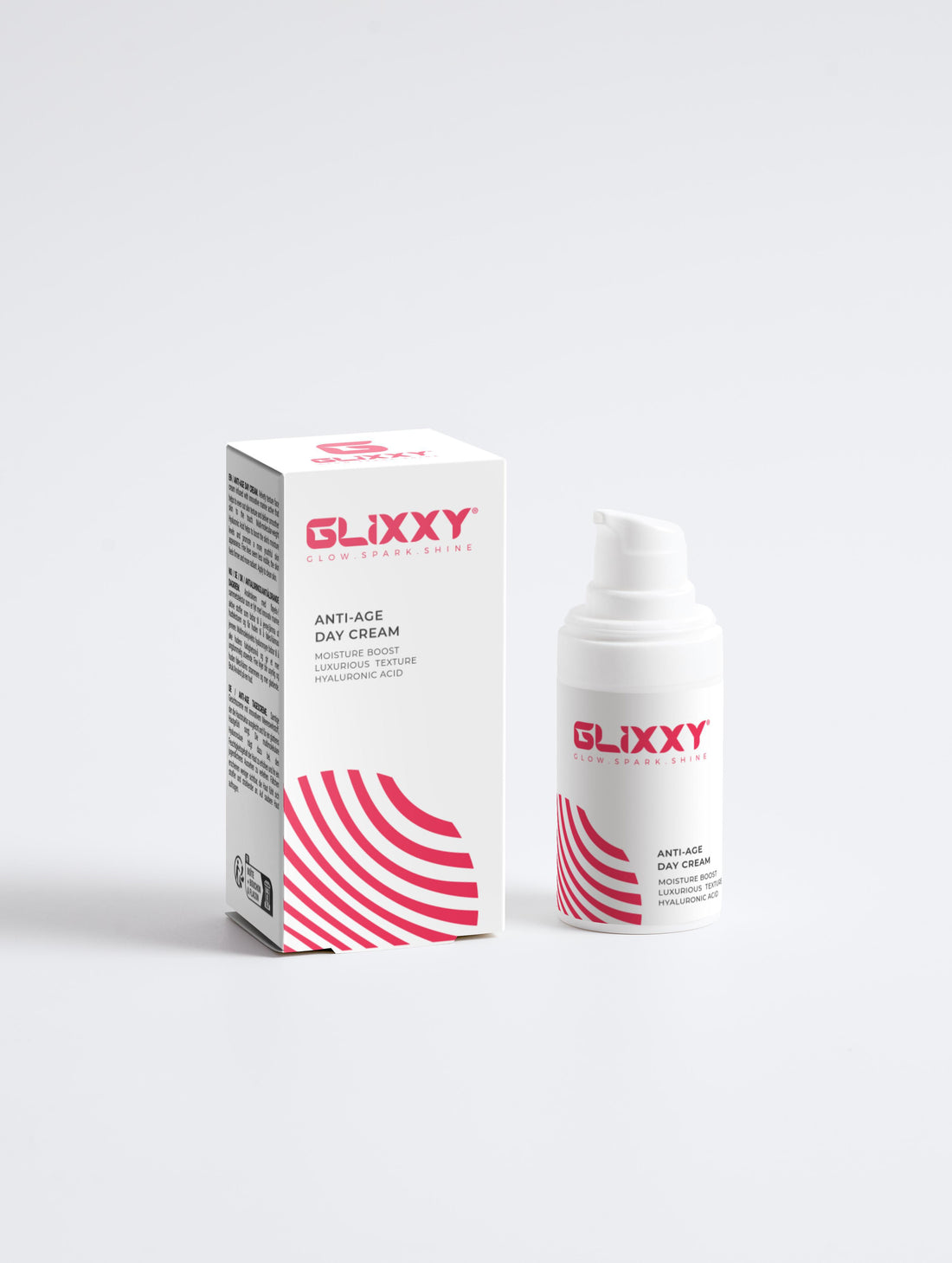 Glixxy anti ageing day cream packaging and bottle on a white background