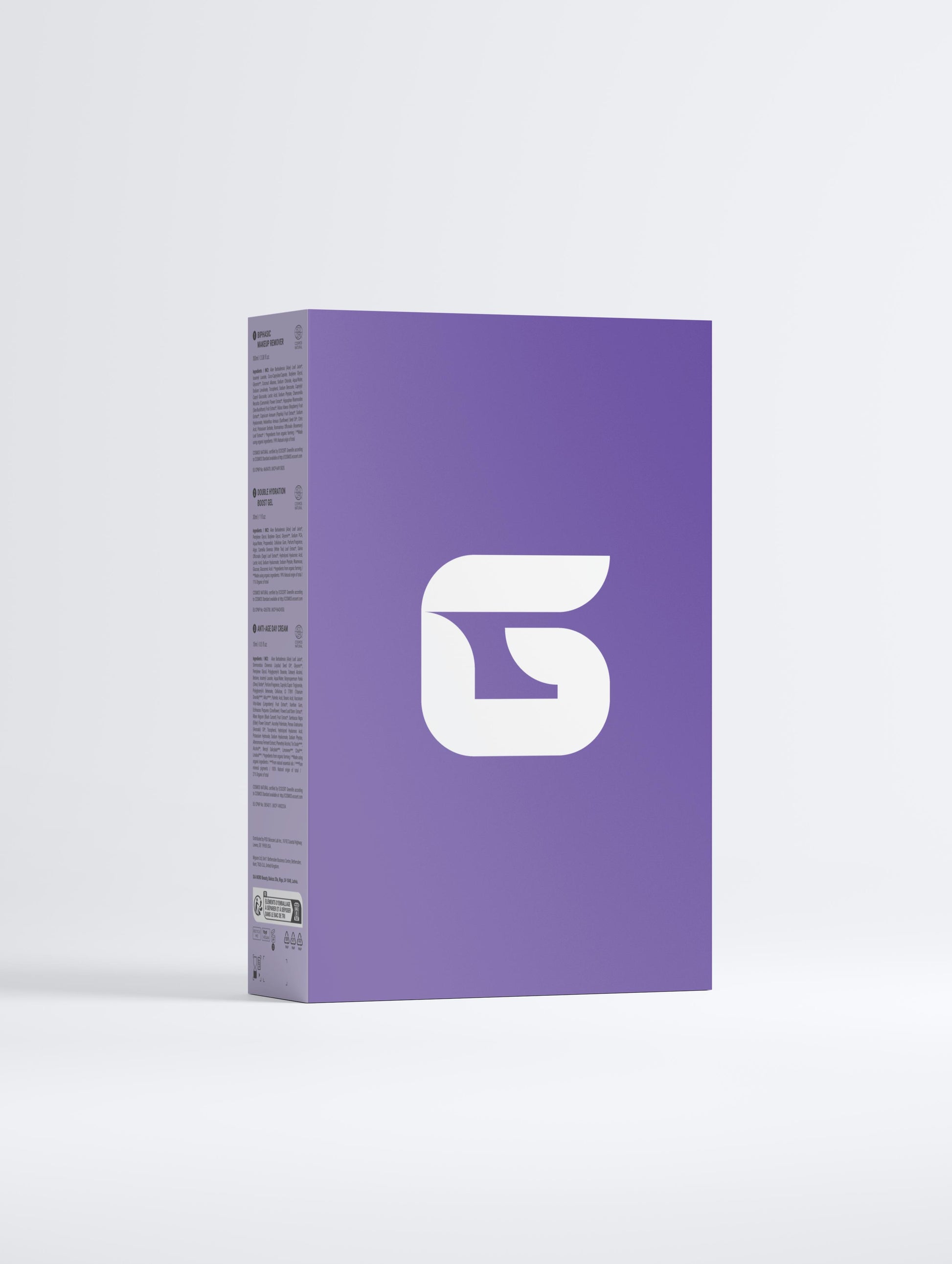 Purple box with a white logo on a light gray background