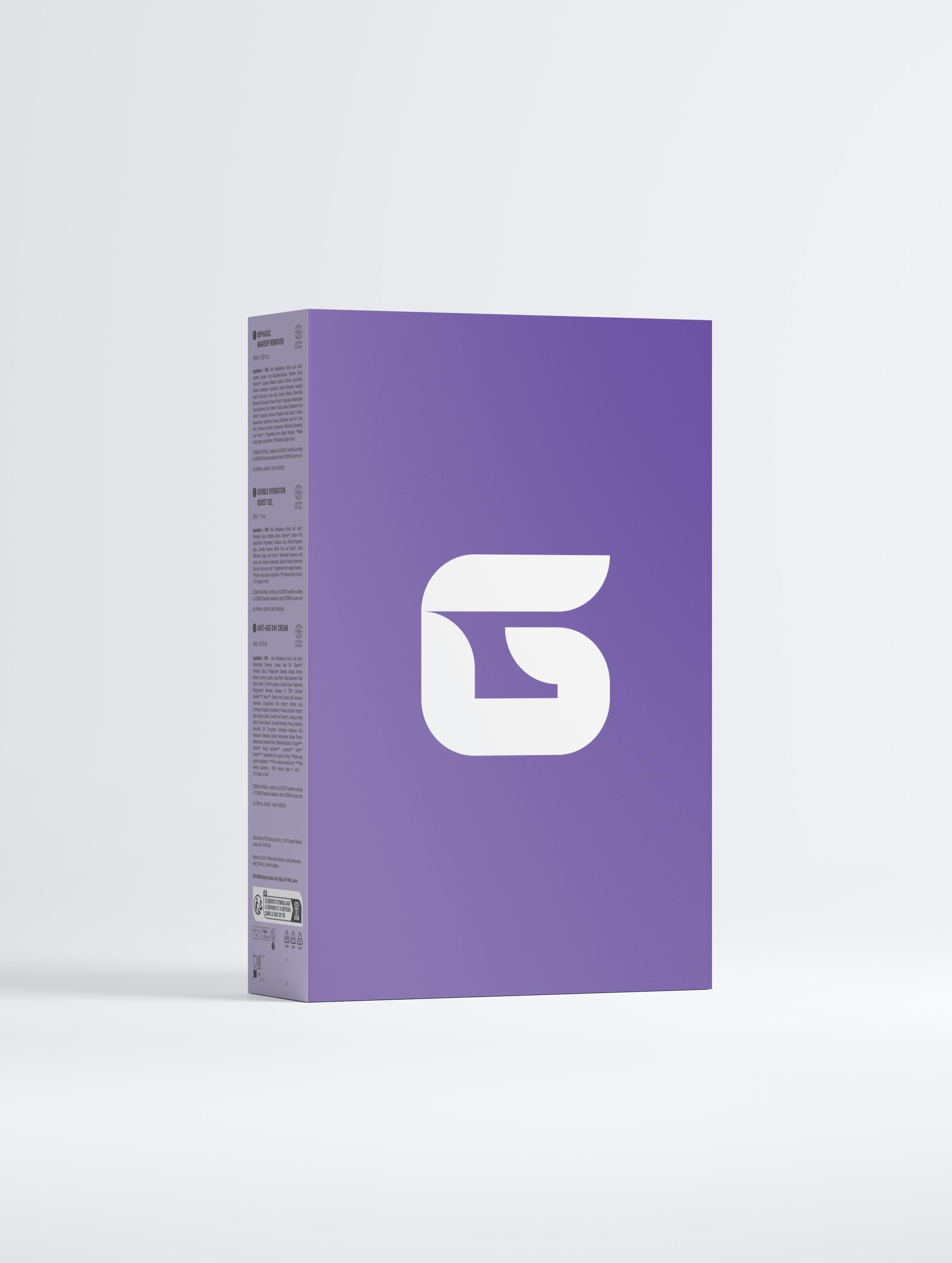Purple box with a white logo on a light gray background