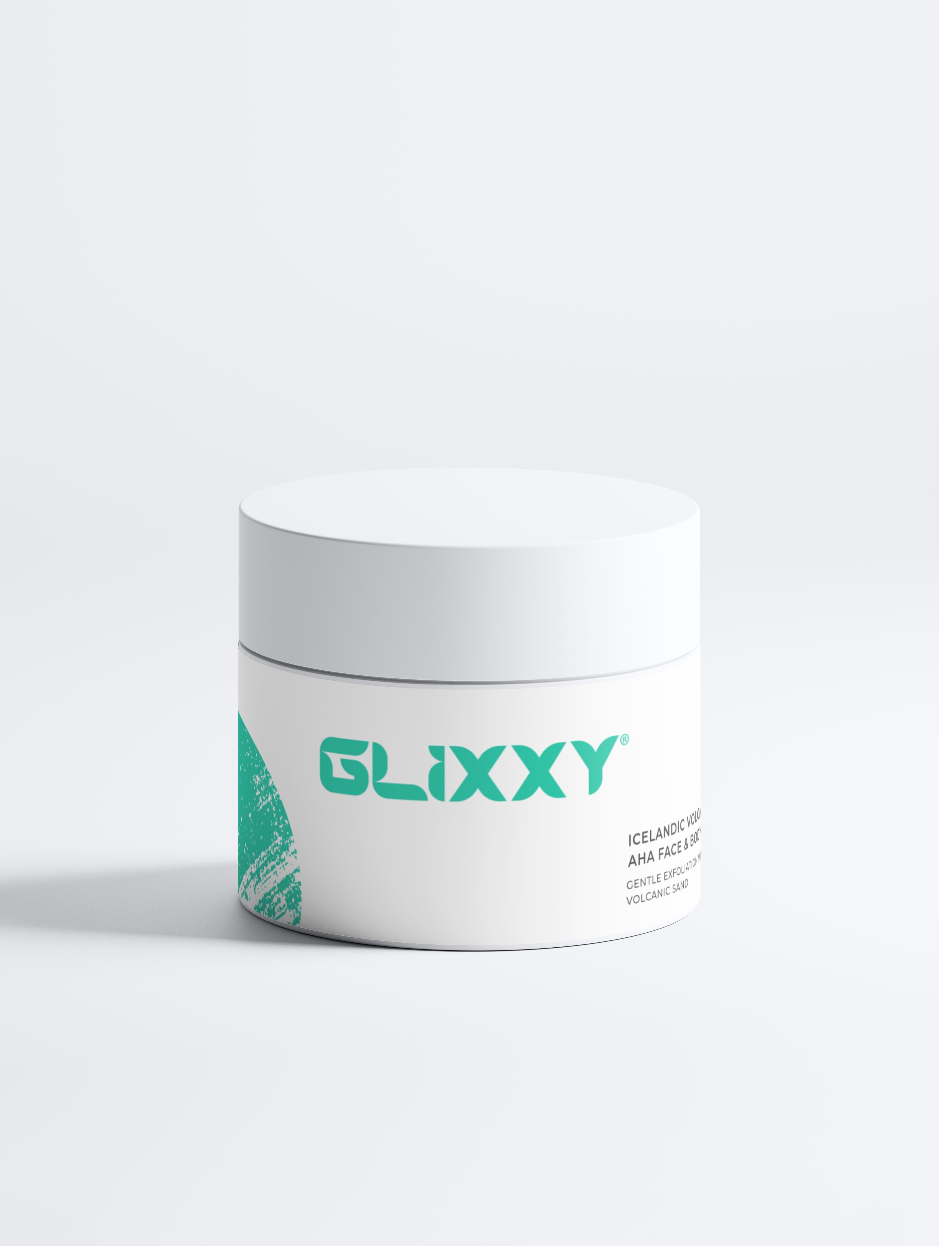 Glixxy volcanic body scrub jar on a white background