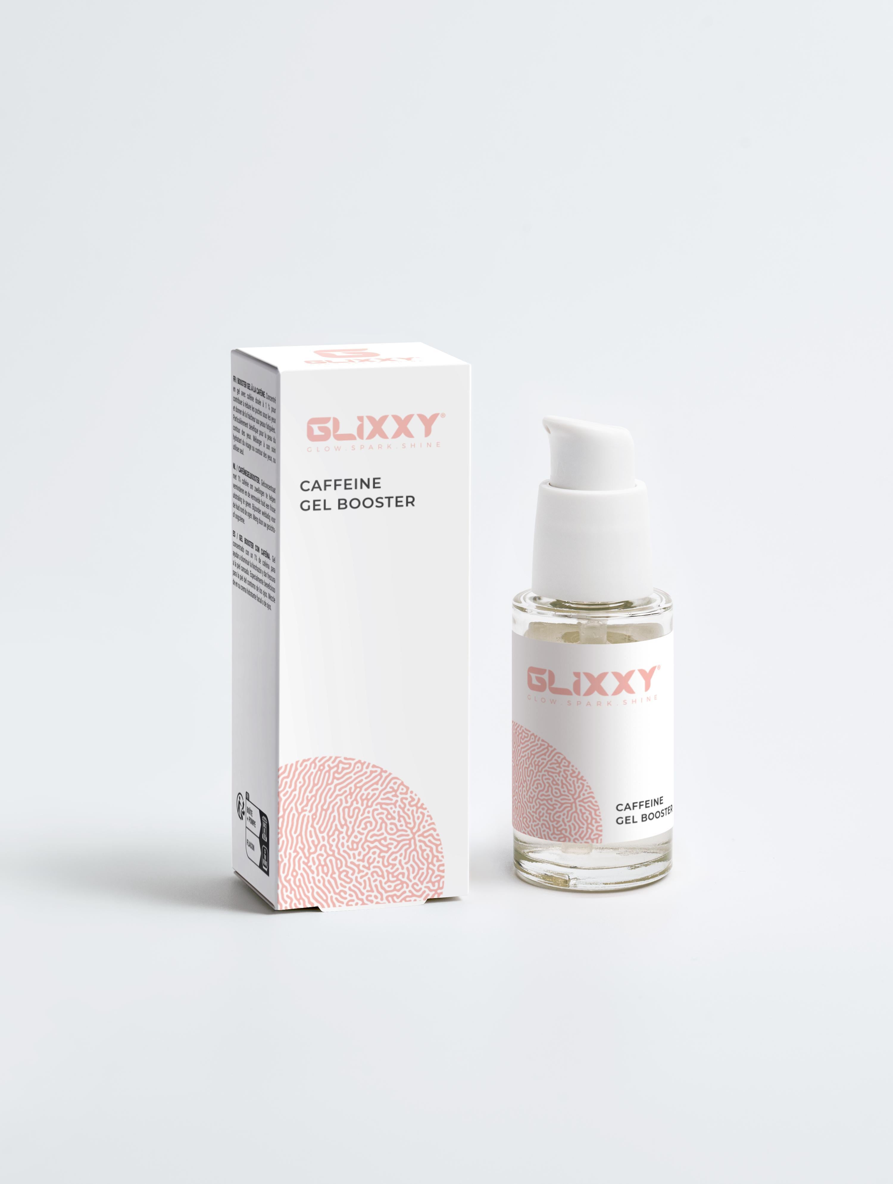 Glixxy caffeine gel booster packaging and bottle on a white background