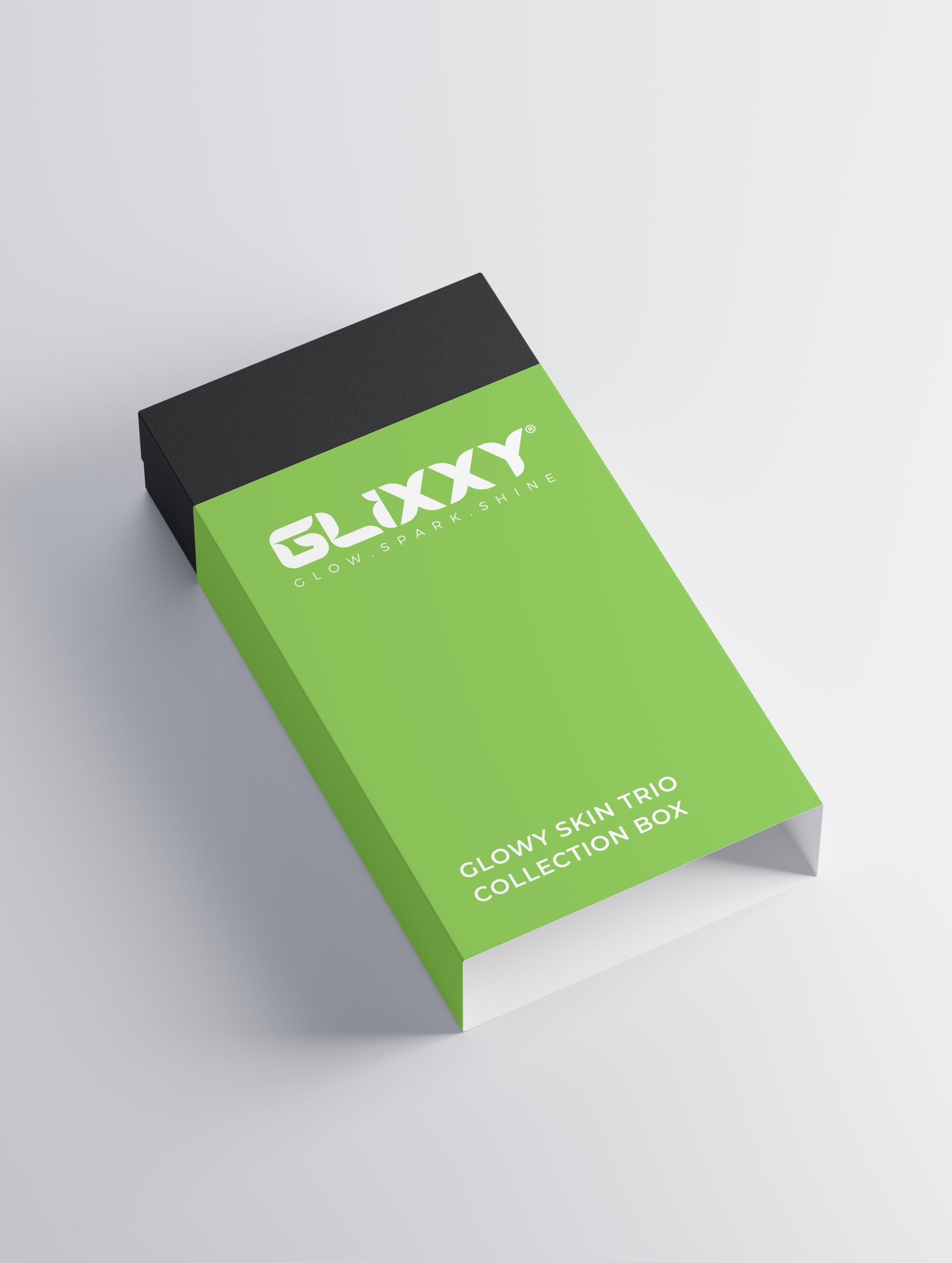 Glixxy glowy skin trio collection box on a light gray background