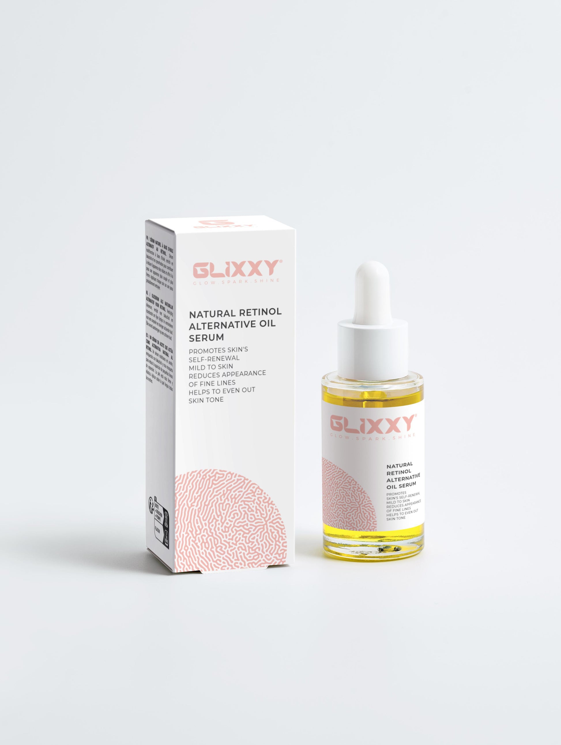 Glixxy natural retinol alternative oil serum with packaging on a white background