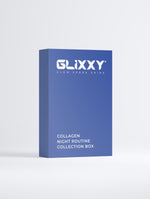 Blue Glixxy collagen night routine collection box on a light gray background