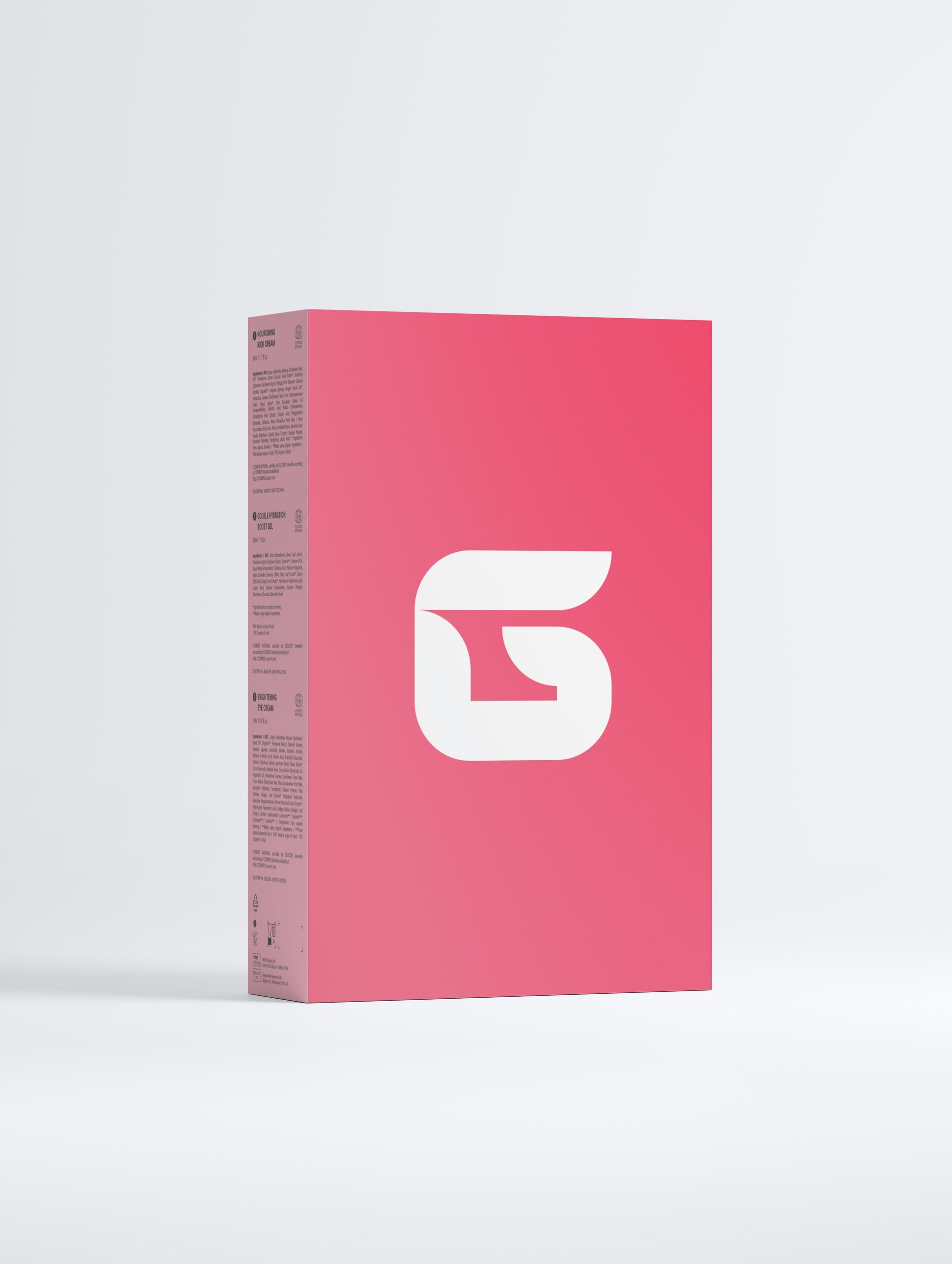 Pink box with a white logo on a light gray background