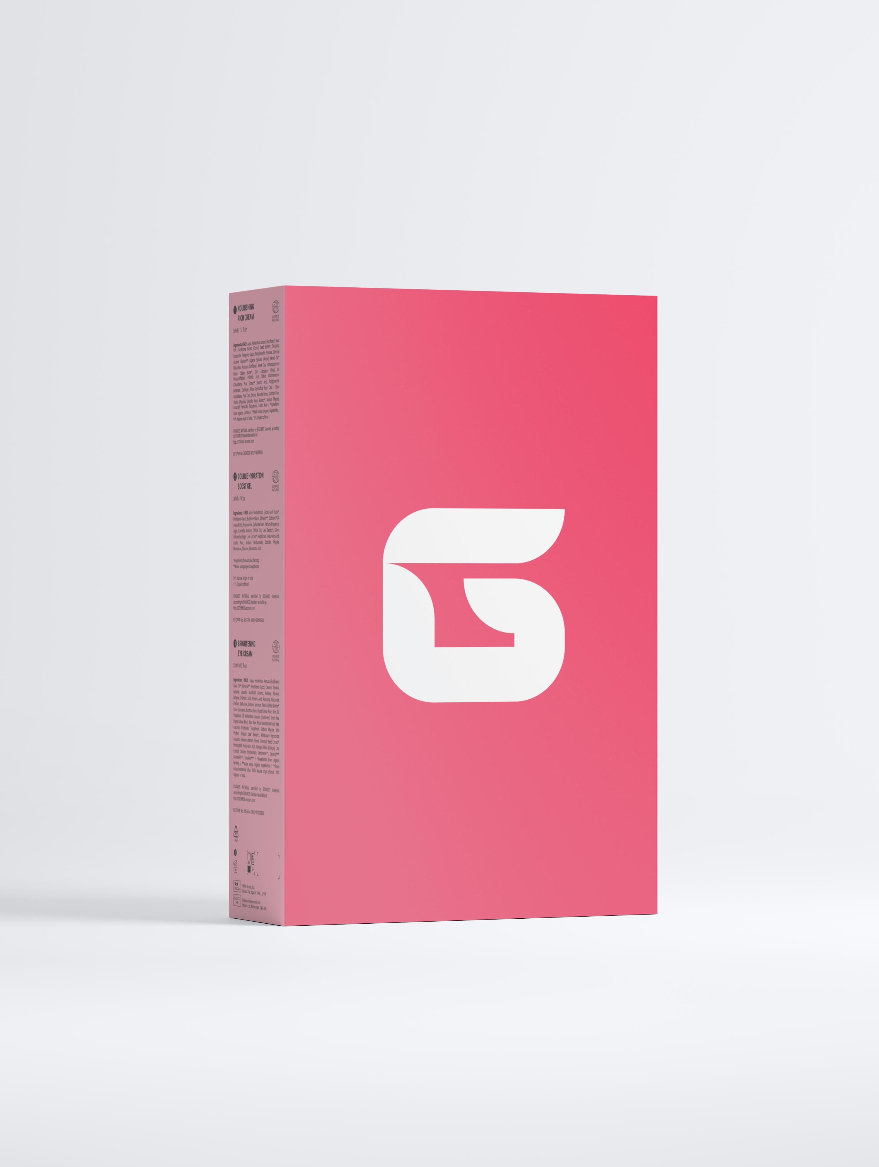 Pink box with a white logo on a light gray background