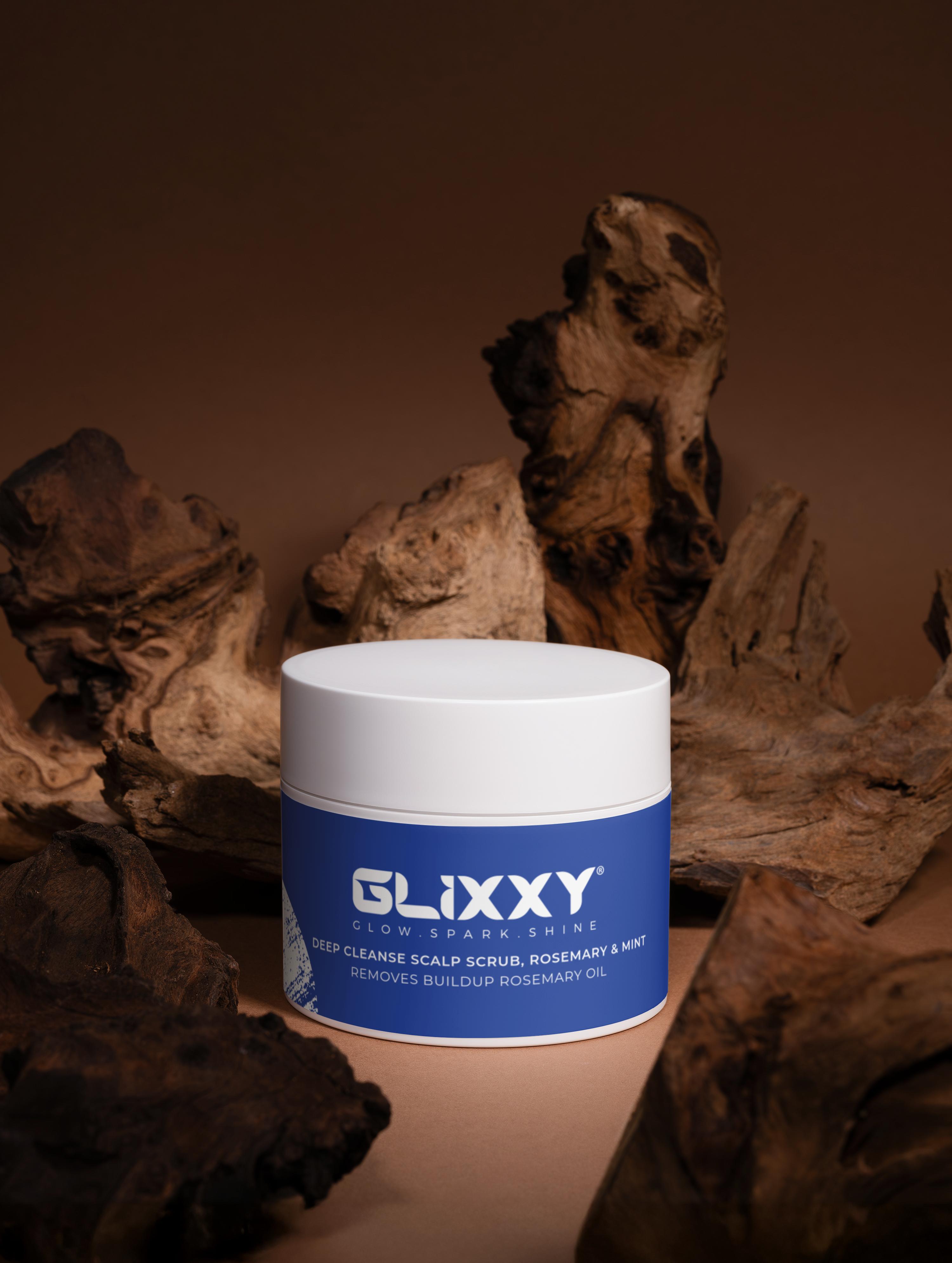 Glixxy product Deep Cleanse Scalp Scrub container with a brown background
