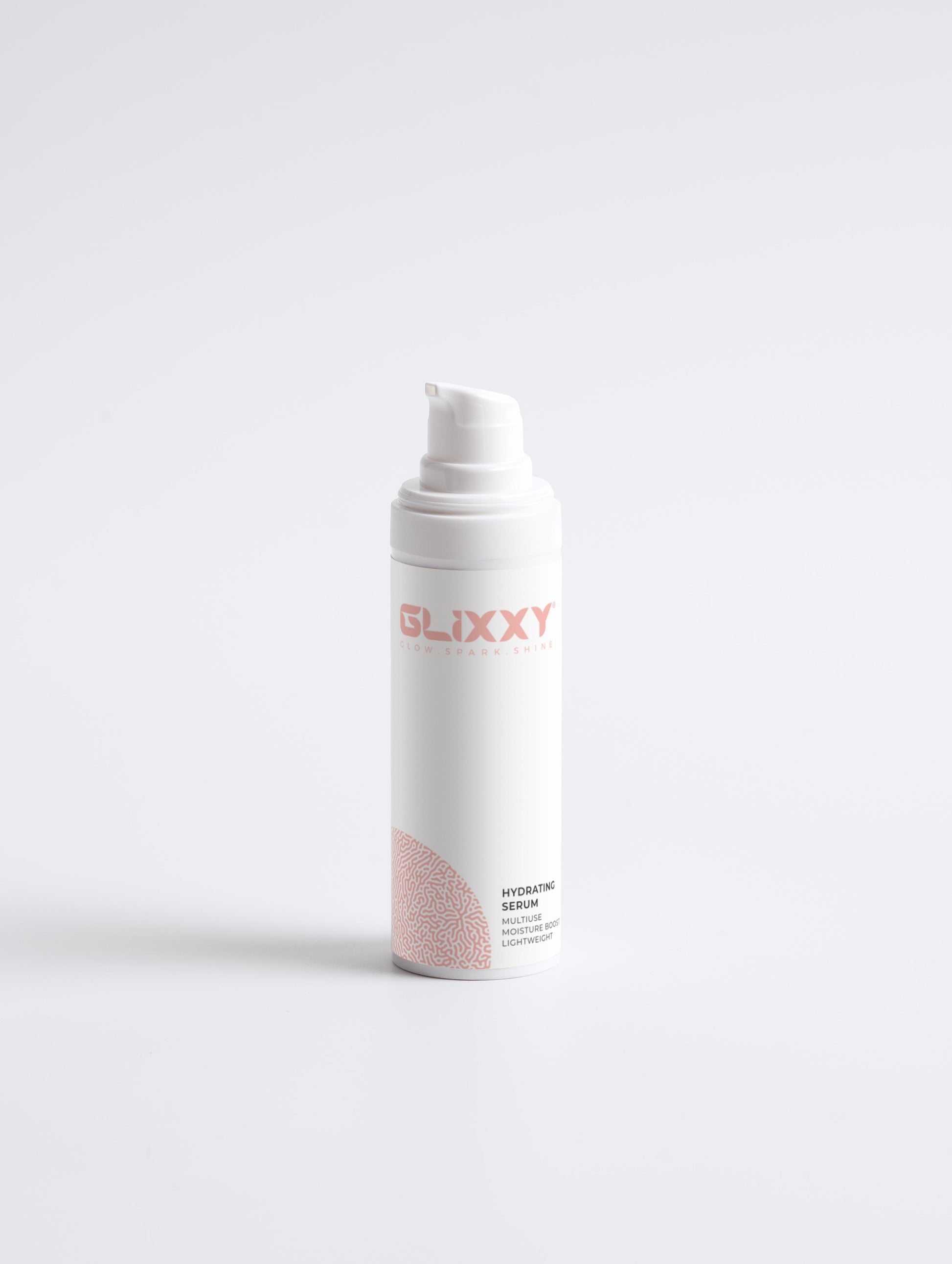 White skincare bottle of hyaluronic acid serum for hydration with 'Glixxy' branding on a light gray background