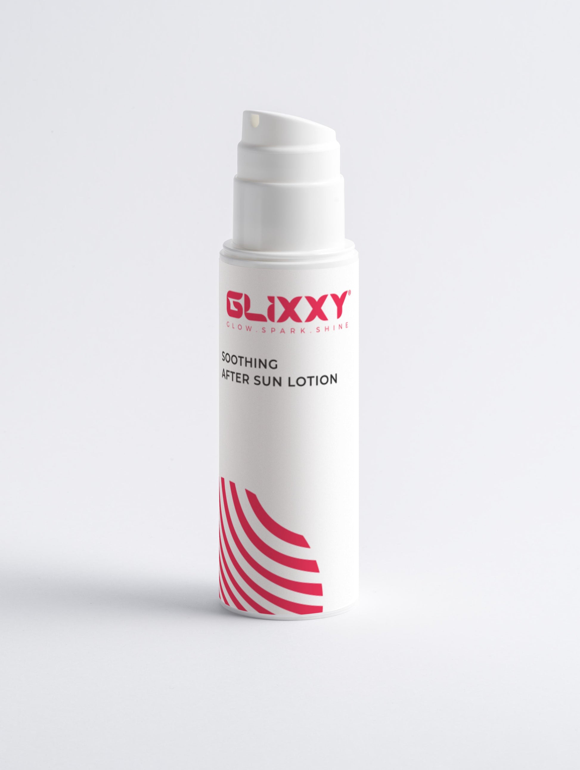 Glixxy soothing after sun lotion bottle on a light gray background