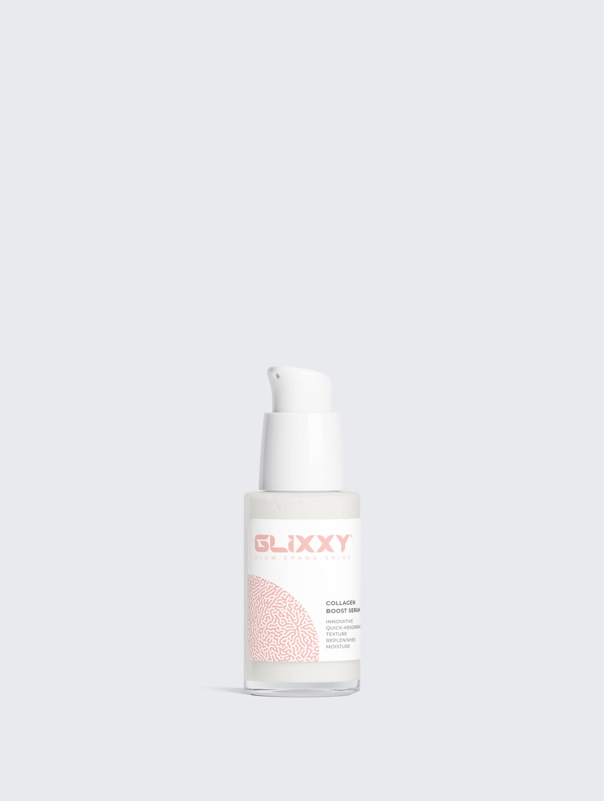 Skincare serum bottle labeled 'Glixxy' on a light gray background