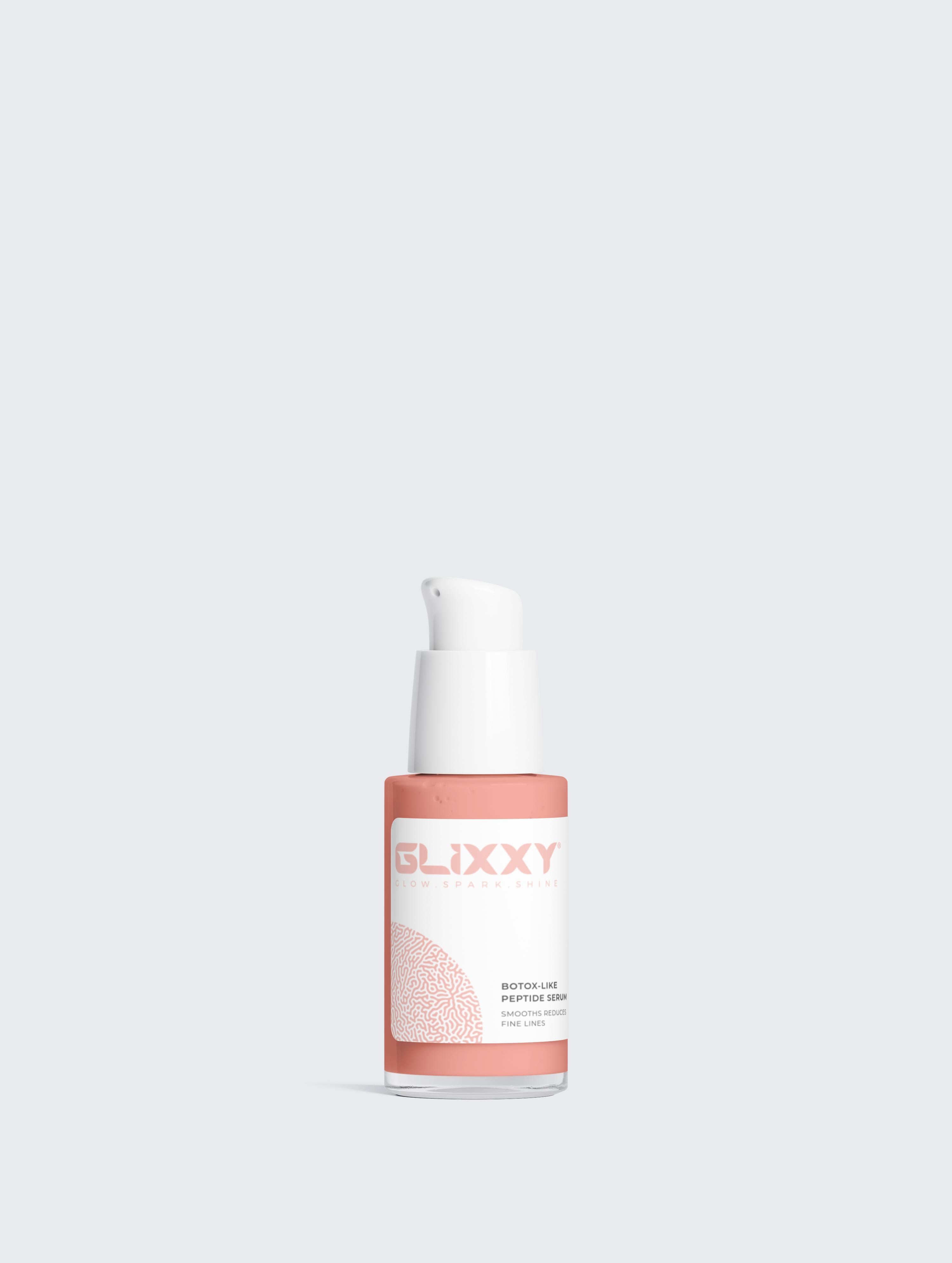 Skincare bottle labeled 'Glixxy' on a light gray background