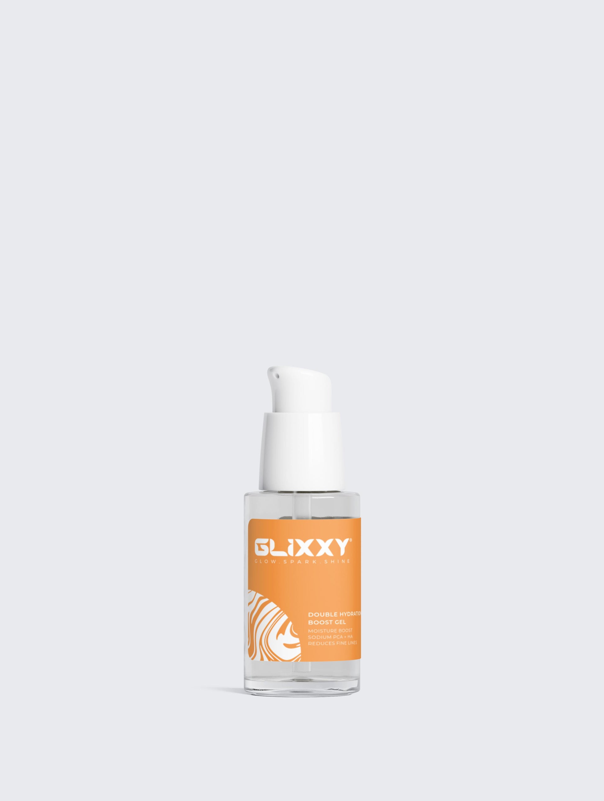 Glixxy skincare serum bottle on a light gray background