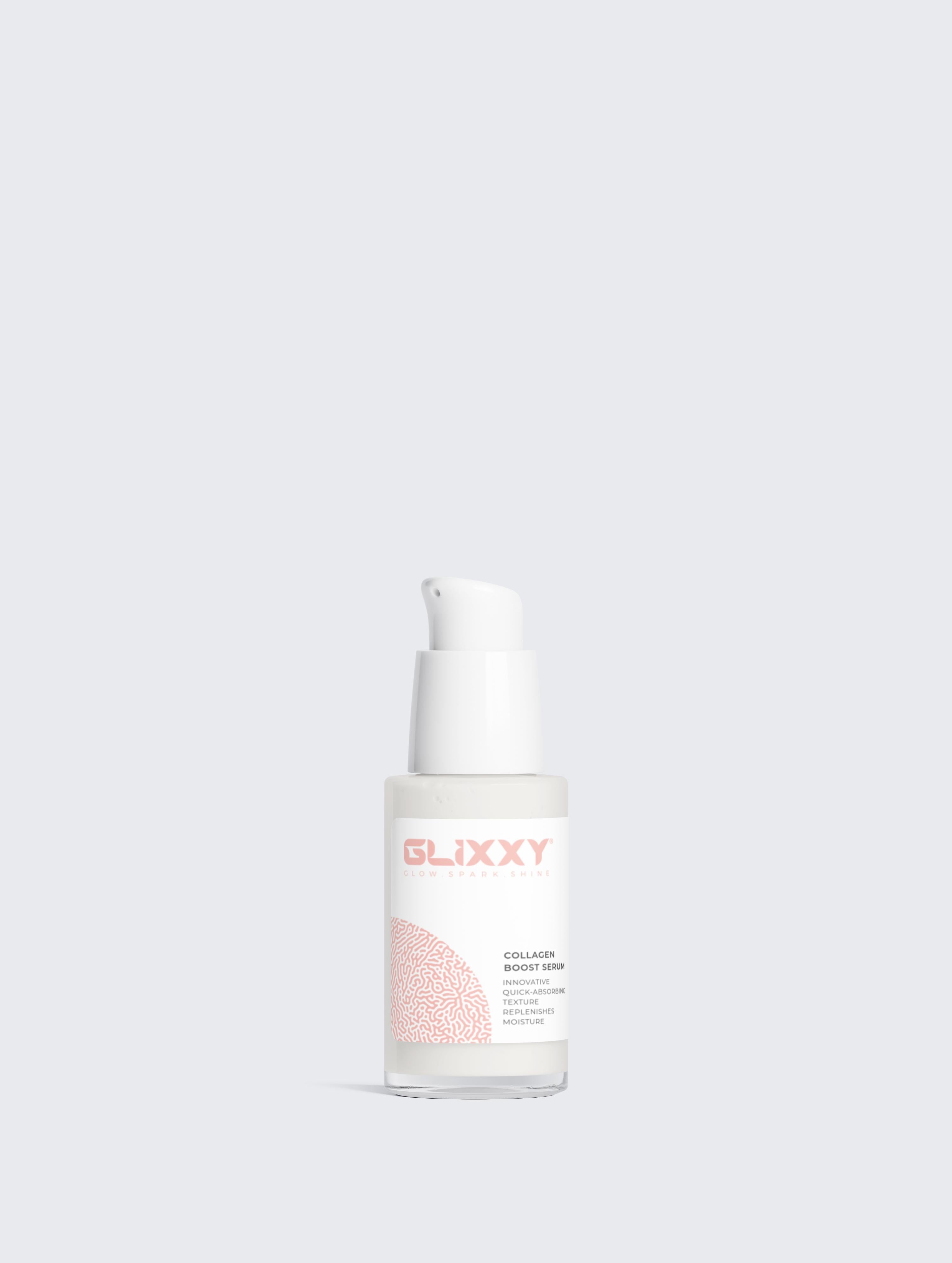 Glixxy skincare serum bottle on a light gray background