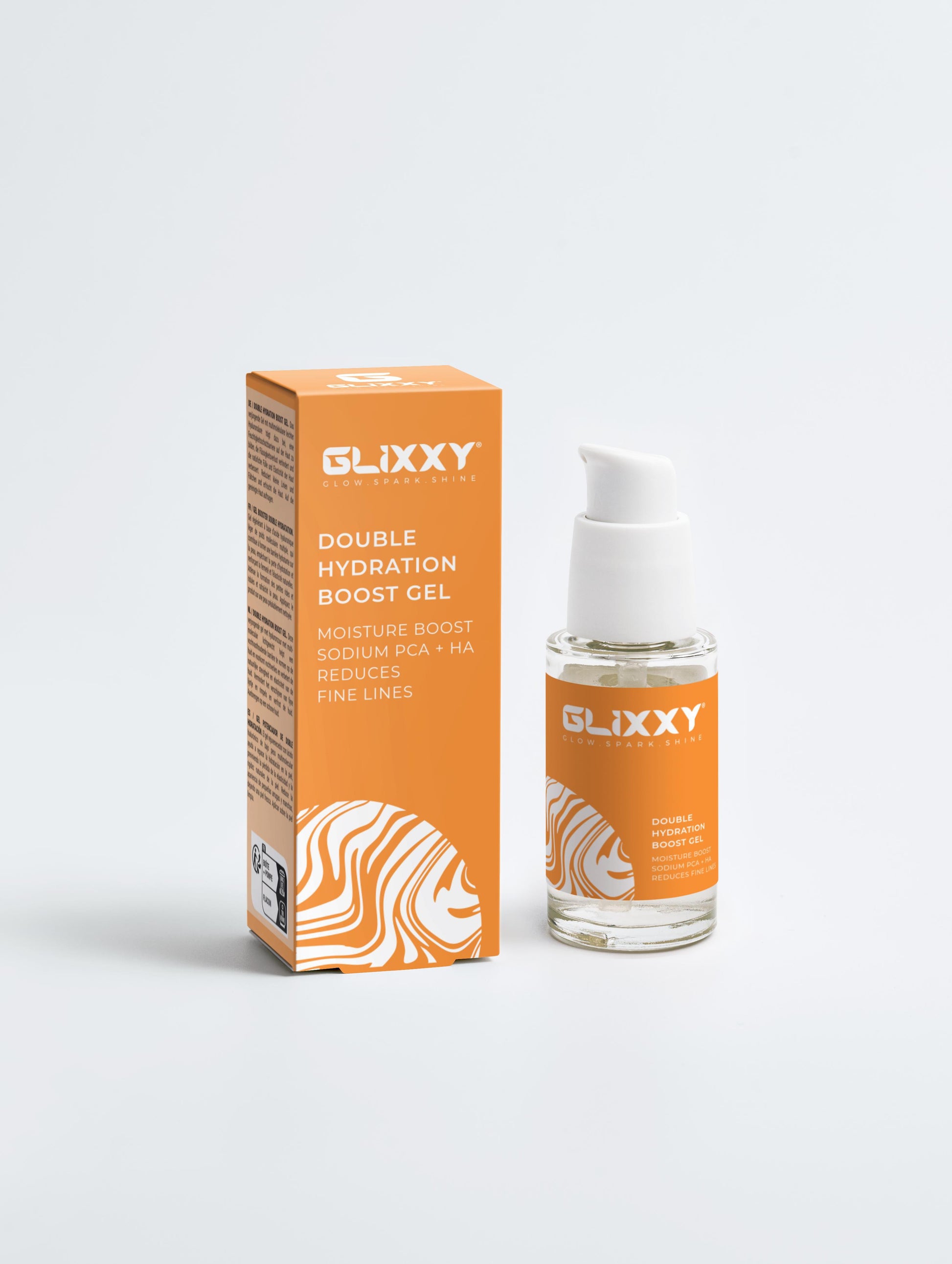 Glixxy Double Hydration Boost Gel packaging and bottle on a light gray background